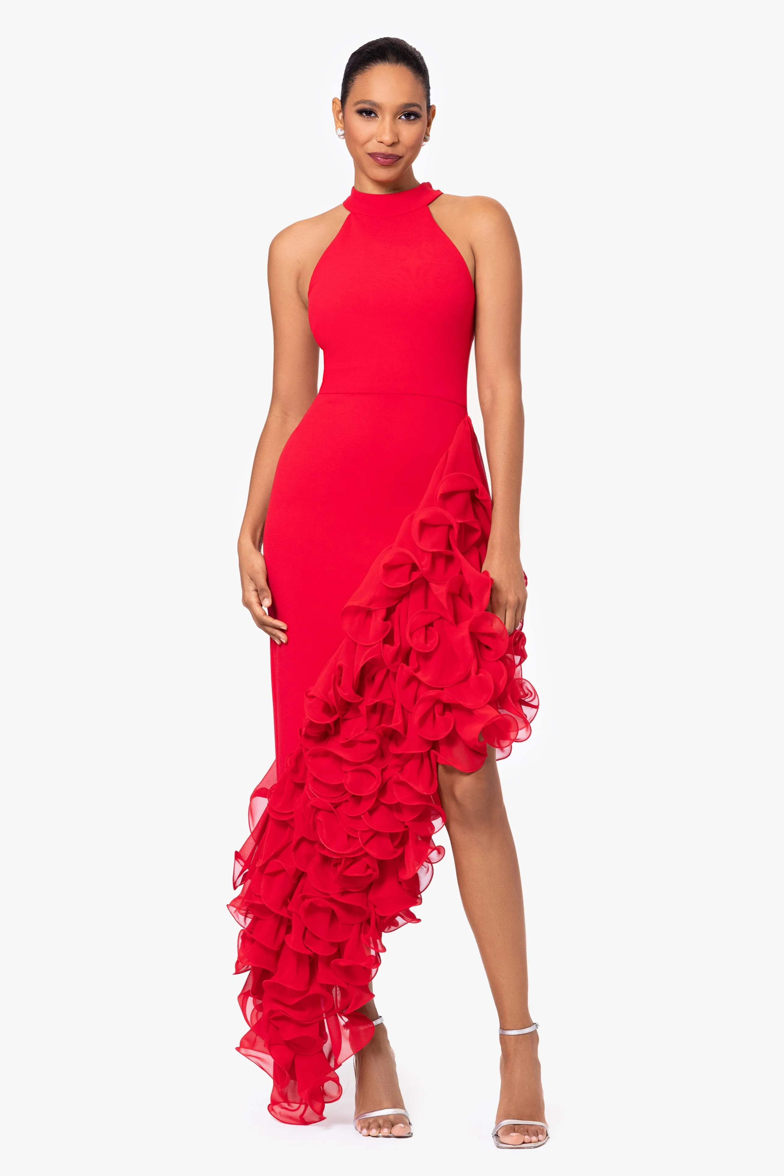 "Mona" Long Ponte Asymmetrical Ruffle Mock Neck Dress sold by Betsy & Adam