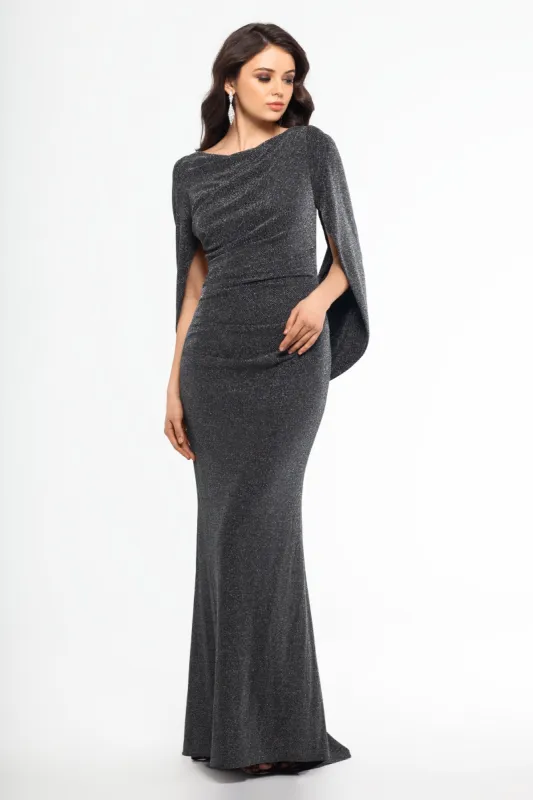 "Jenna" Long Metallic Gown Draped Back sold by Betsy & Adam