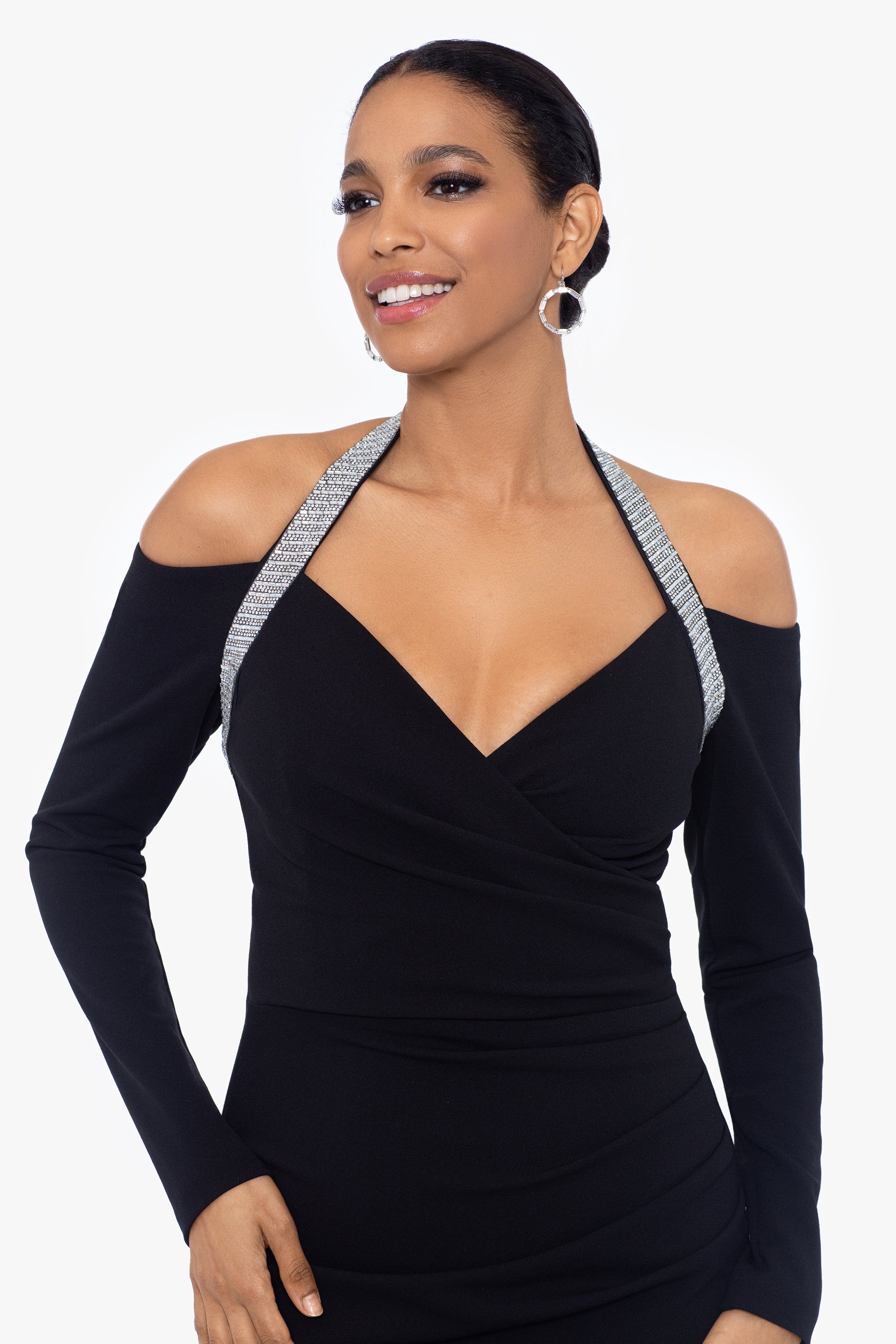 "Beatrice" Long Scuba Crepe Halter Rhinestone Neck Dress sold by Betsy & Adam product image thumbnail 4