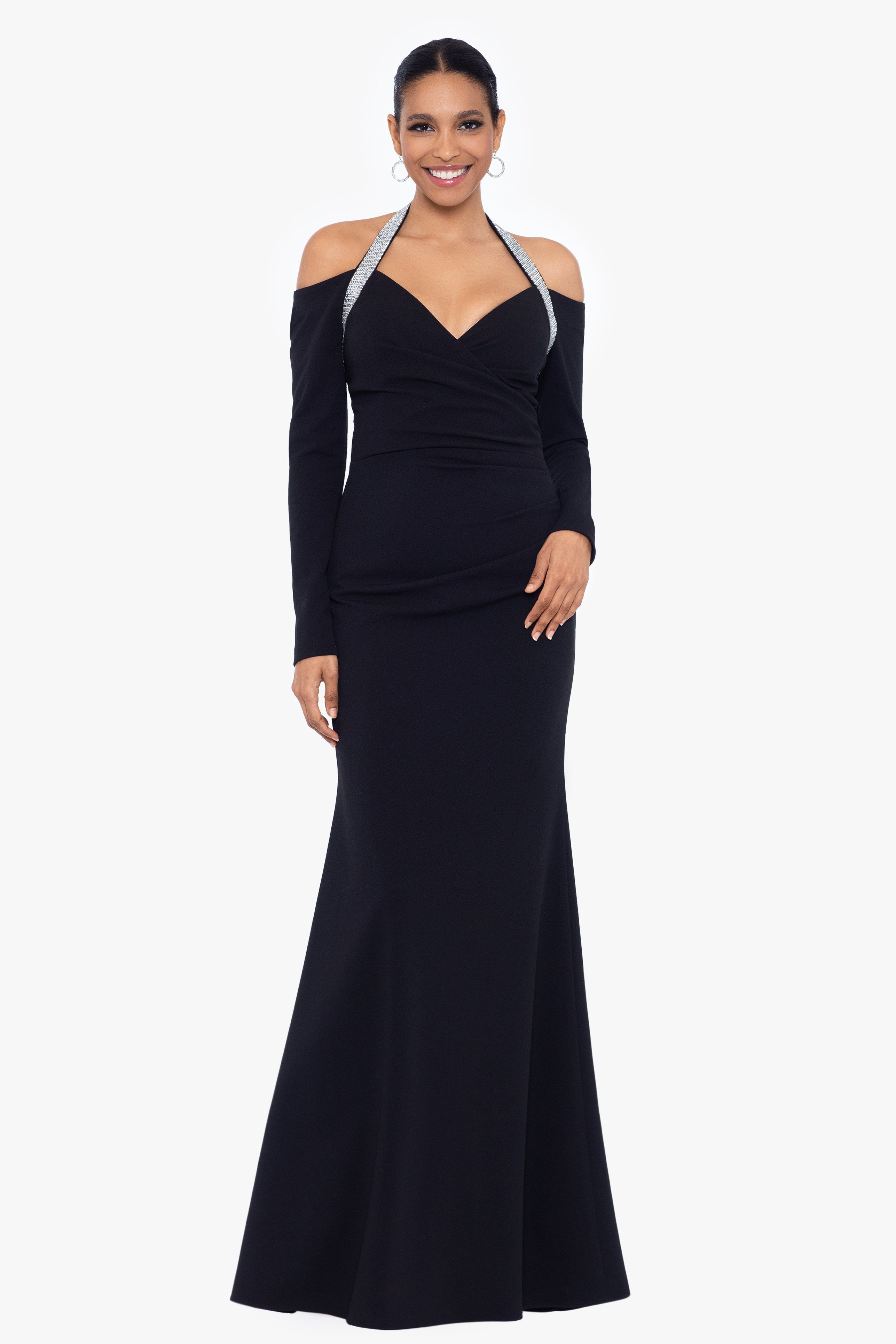 "Beatrice" Long Scuba Crepe Halter Rhinestone Neck Dress sold by Betsy & Adam