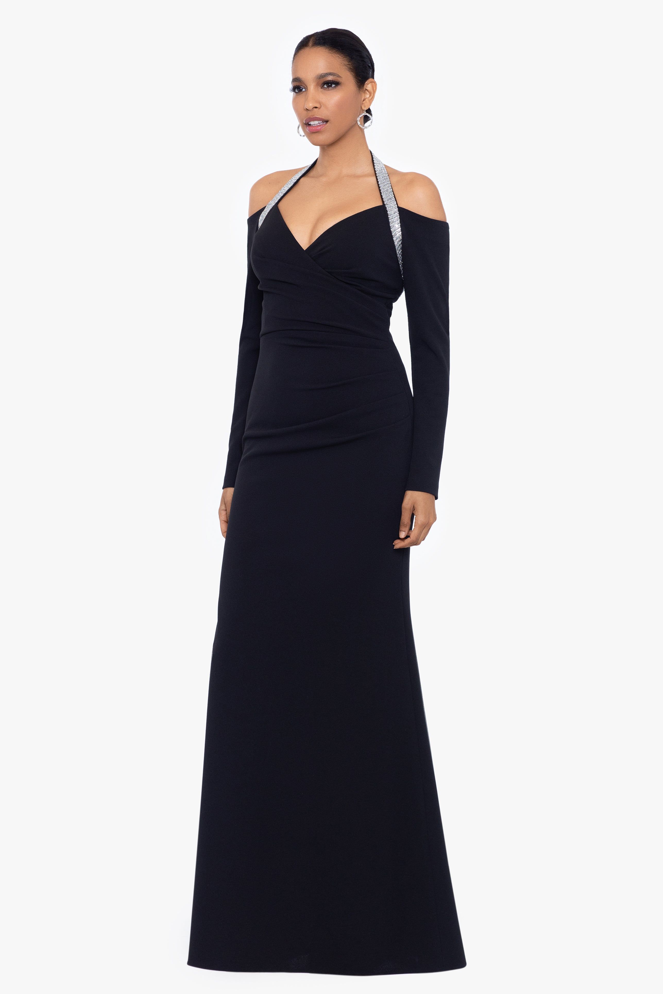 "Beatrice" Long Scuba Crepe Halter Rhinestone Neck Dress sold by Betsy & Adam product image thumbnail 3