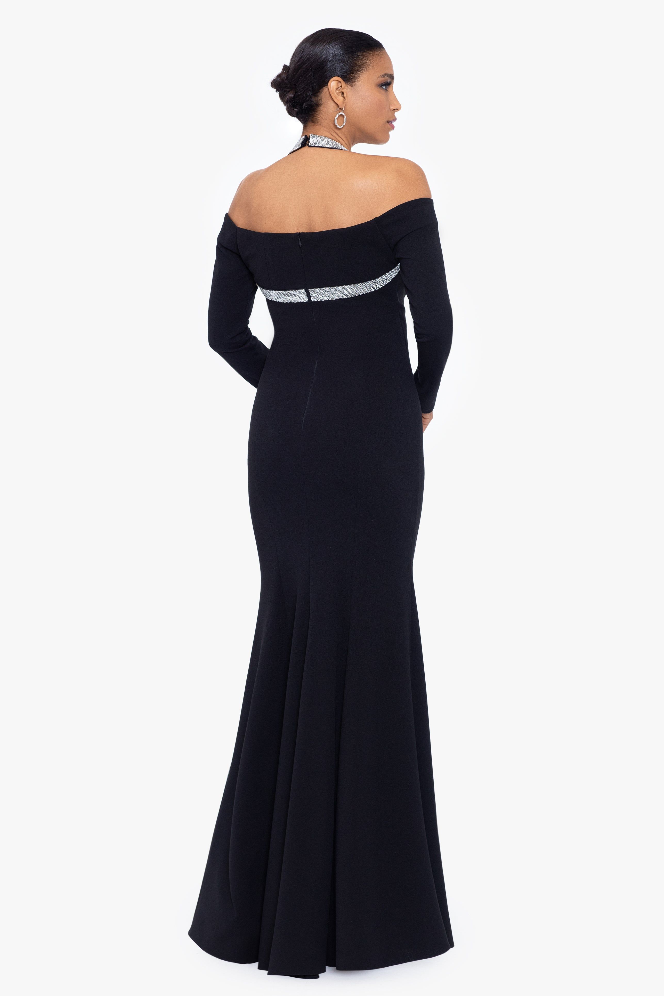 "Beatrice" Long Scuba Crepe Halter Rhinestone Neck Dress sold by Betsy & Adam product image thumbnail 2