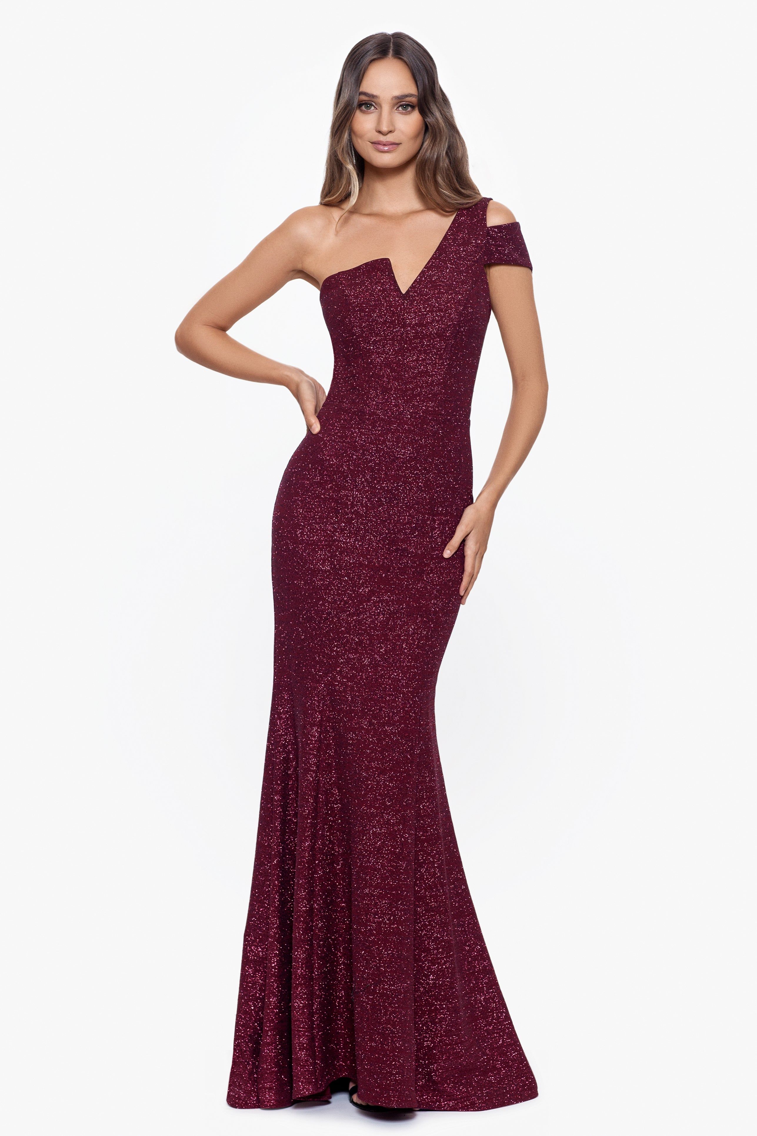 "Ryleigh" Long Glitter Asymmetrical Cold Shoulder Dress sold by Betsy & Adam