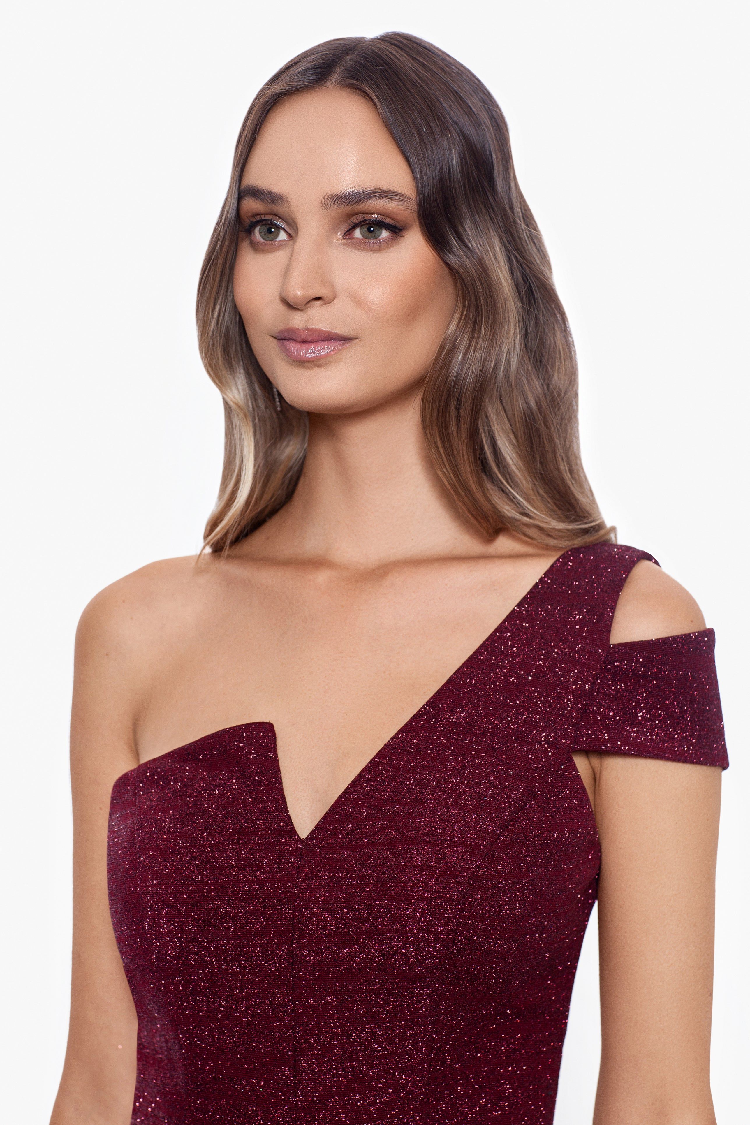 "Ryleigh" Long Glitter Asymmetrical Cold Shoulder Dress sold by Betsy & Adam product image thumbnail 3