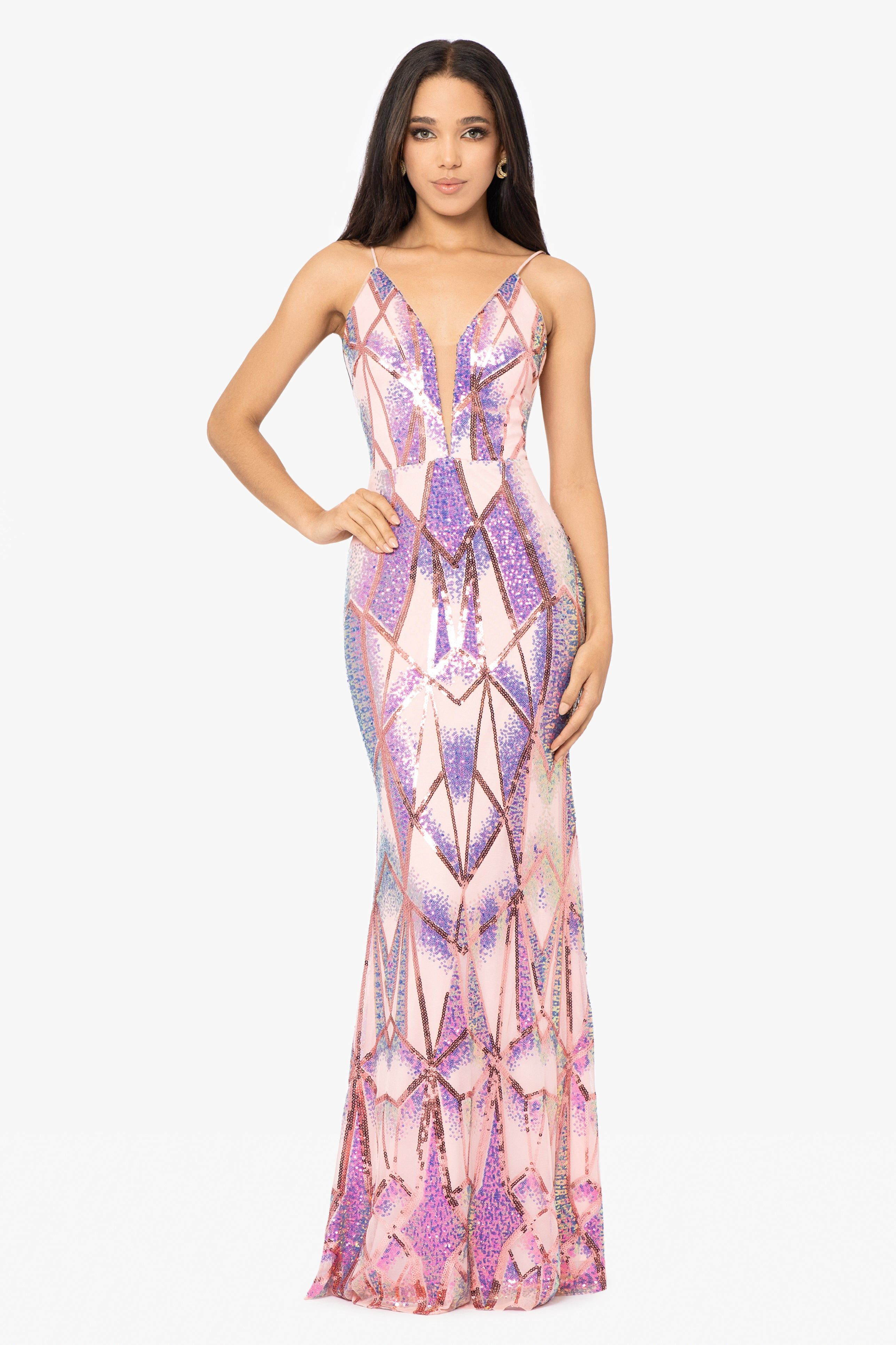 "Harper" Long Sequin Placement V-Neck Dress sold by Betsy & Adam