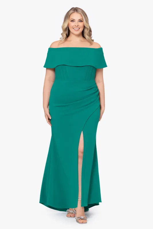 Plus "Ellie" Scuba Crepe Off the Shoulder Boning Gown sold by Betsy & Adam