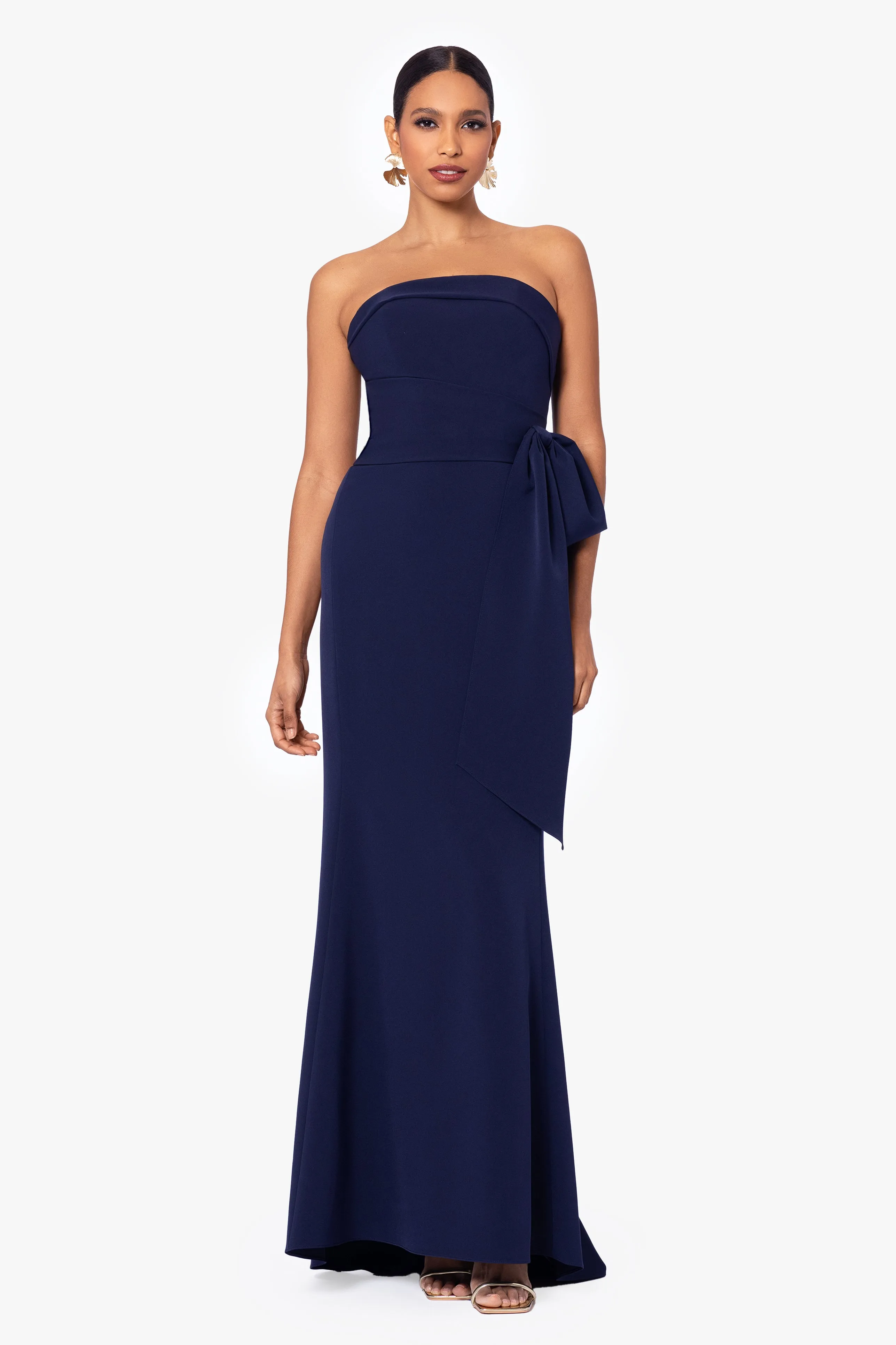 "Kayden" Long Scuba Strapless Bow Dress sold by Betsy & Adam