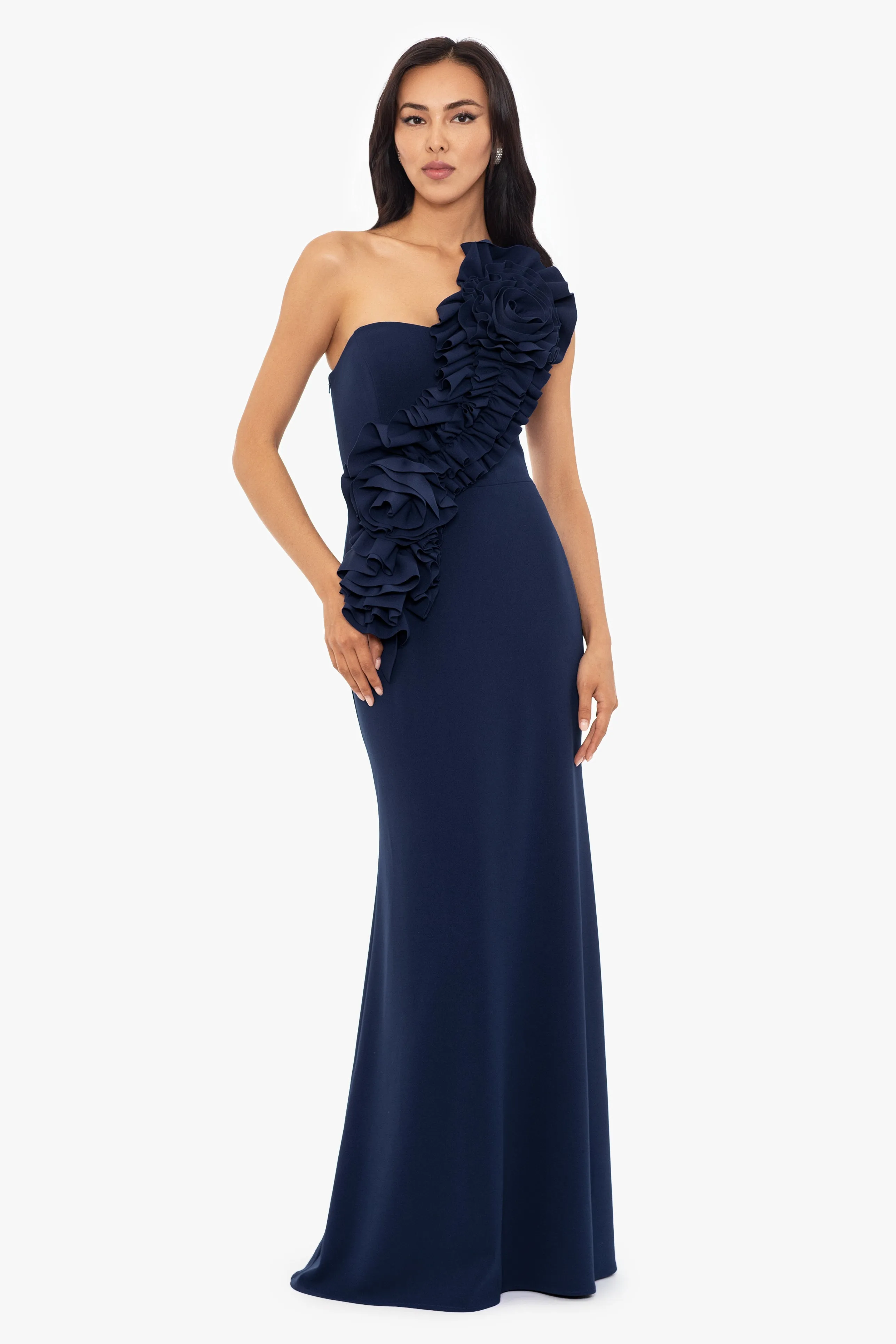 "Gianina" Long Scuba Crepe 3D Flower Dress sold by Betsy & Adam