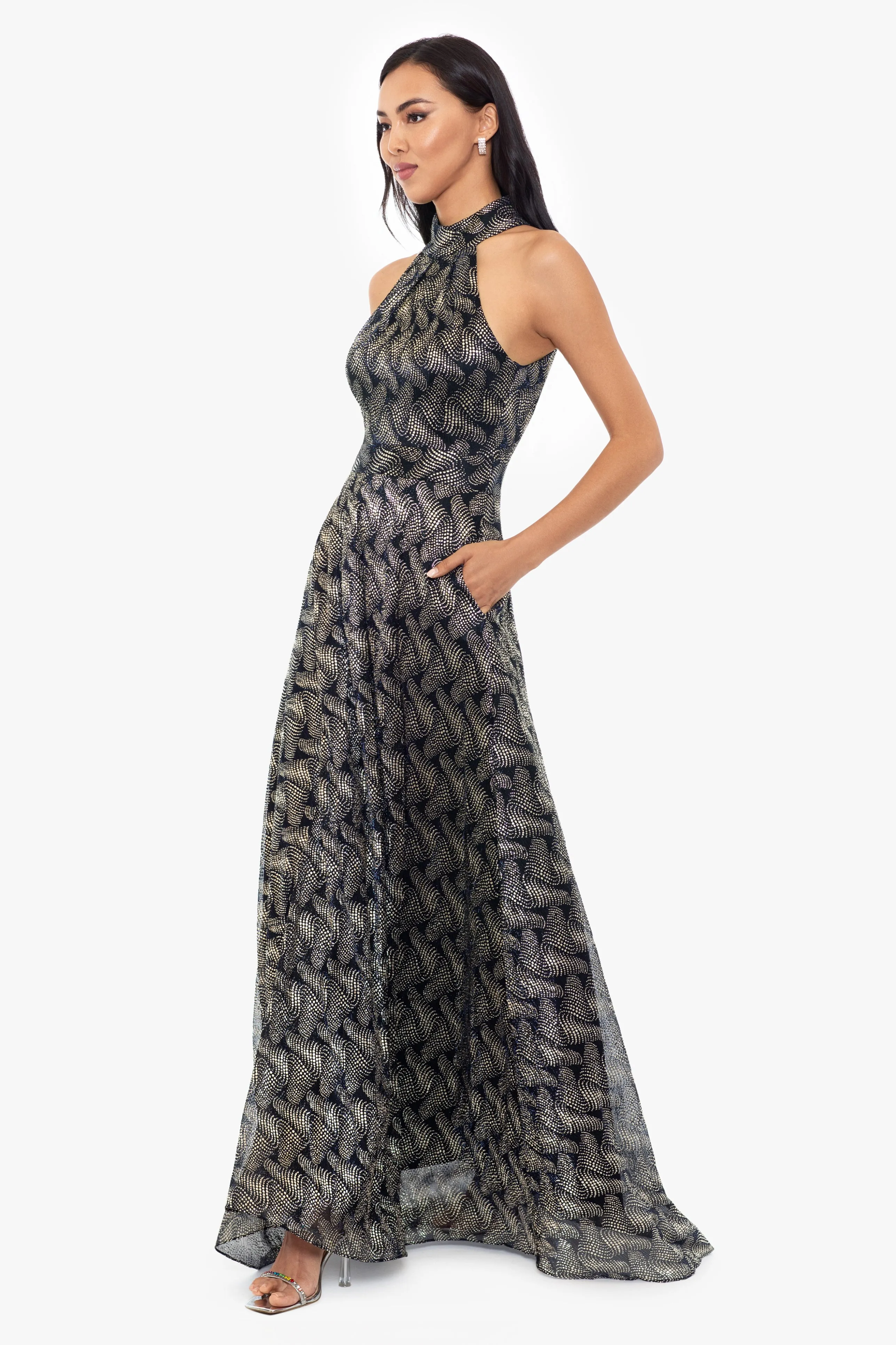 "Vilma" Long Foil Print Halter Neck Dress sold by Betsy & Adam product image thumbnail 3