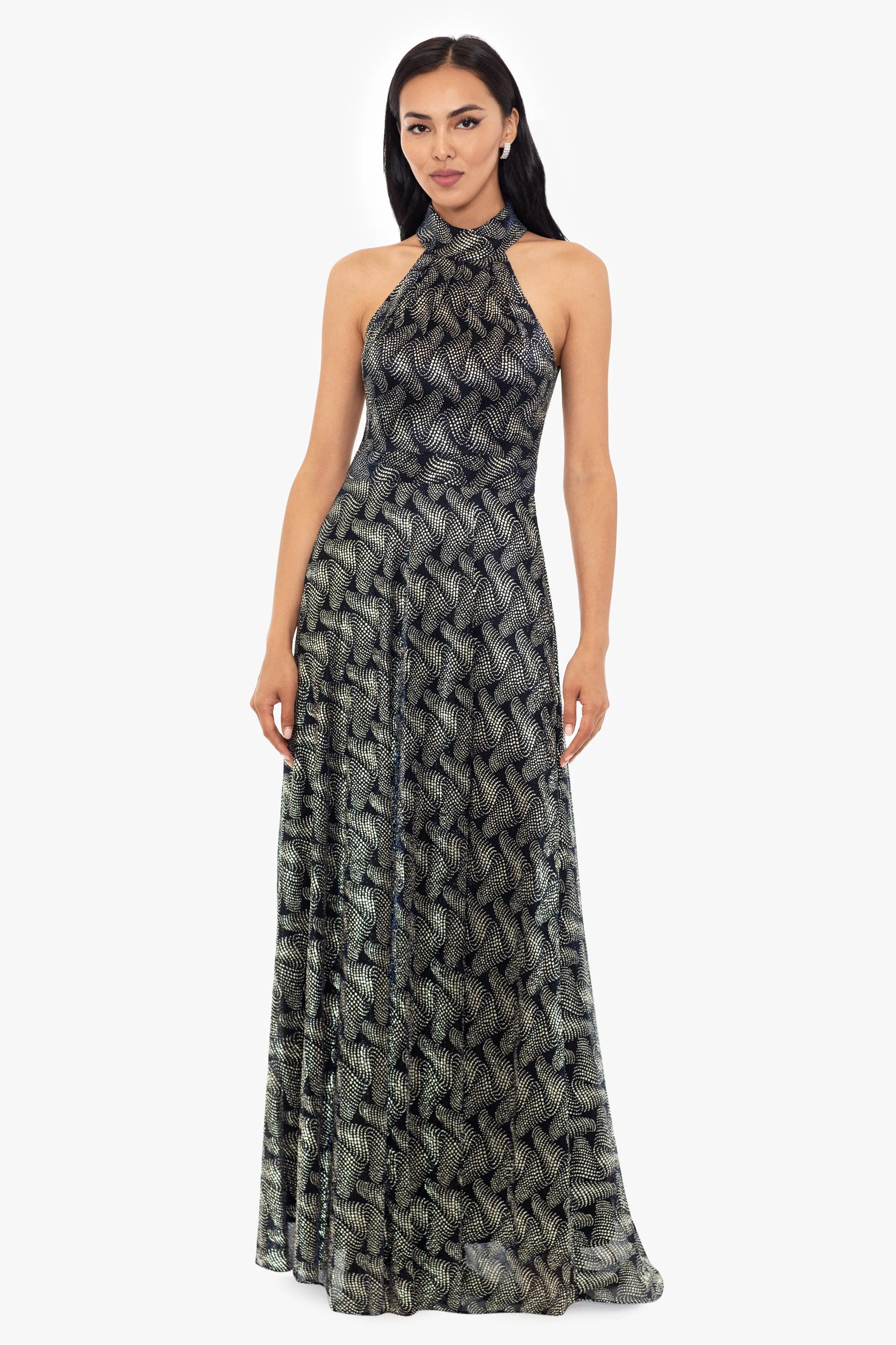 "Vilma" Long Foil Print Halter Neck Dress sold by Betsy & Adam