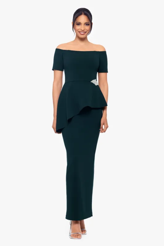"Genevieve" Long Scuba Crepe Off the Shoulder Asymmetrical Peplum Dress sold by Betsy & Adam