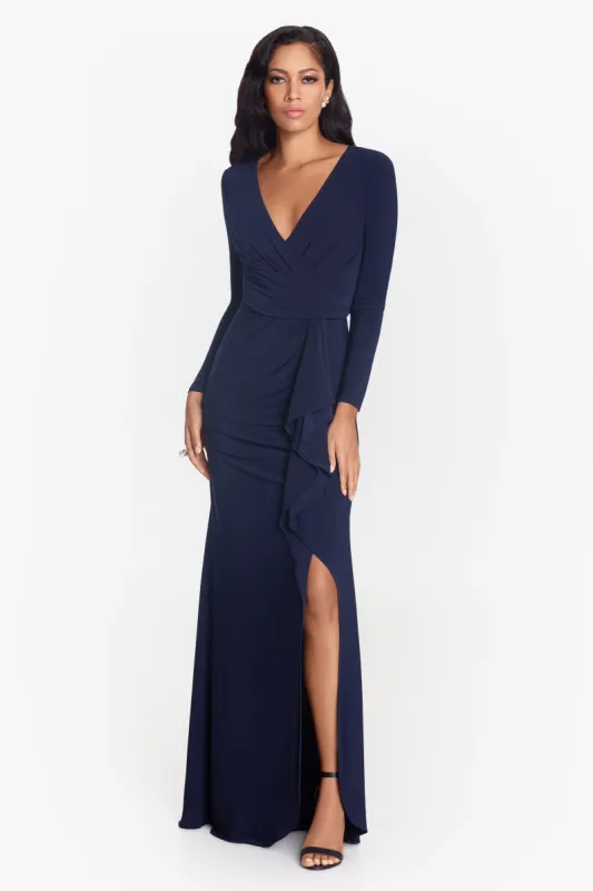 "Elle" Long Sleeve Side Ruffled Slit Gown sold by Betsy & Adam