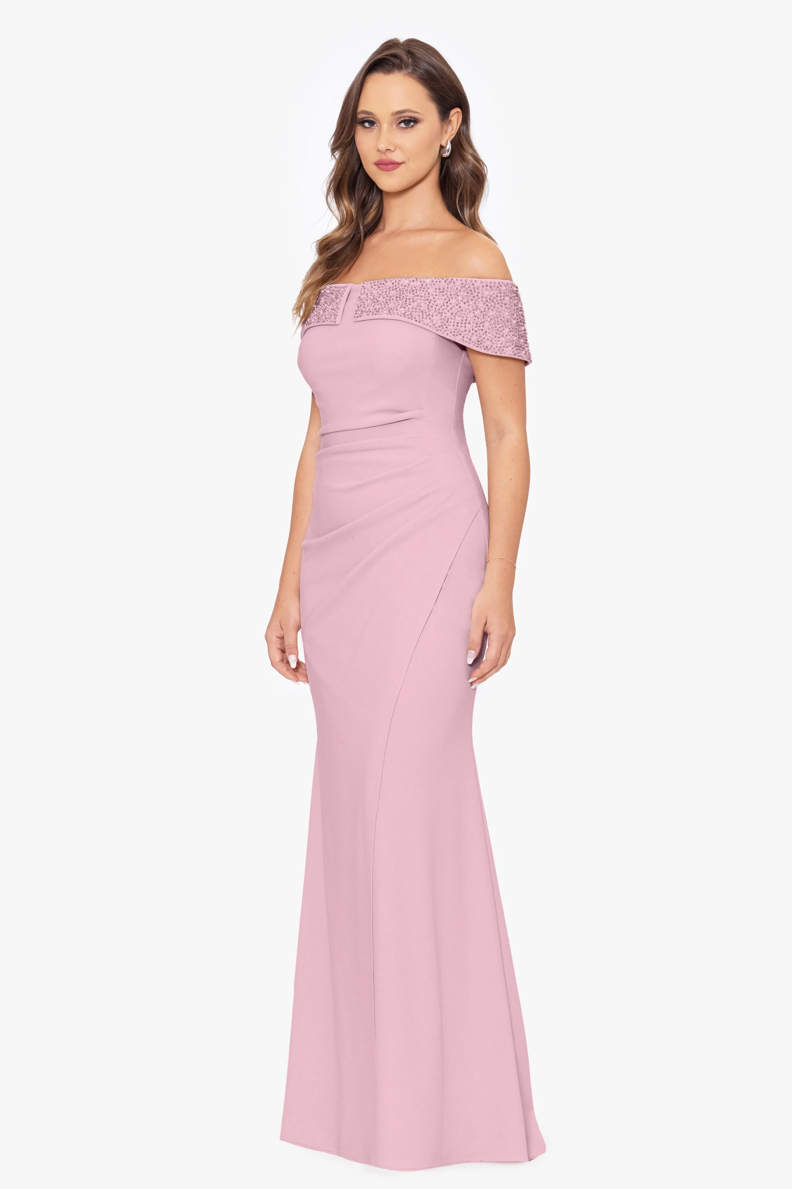 "Erica" Long Scuba Crepe Off the Shoulder Beaded Pearl Dress sold by Betsy & Adam product image thumbnail 3