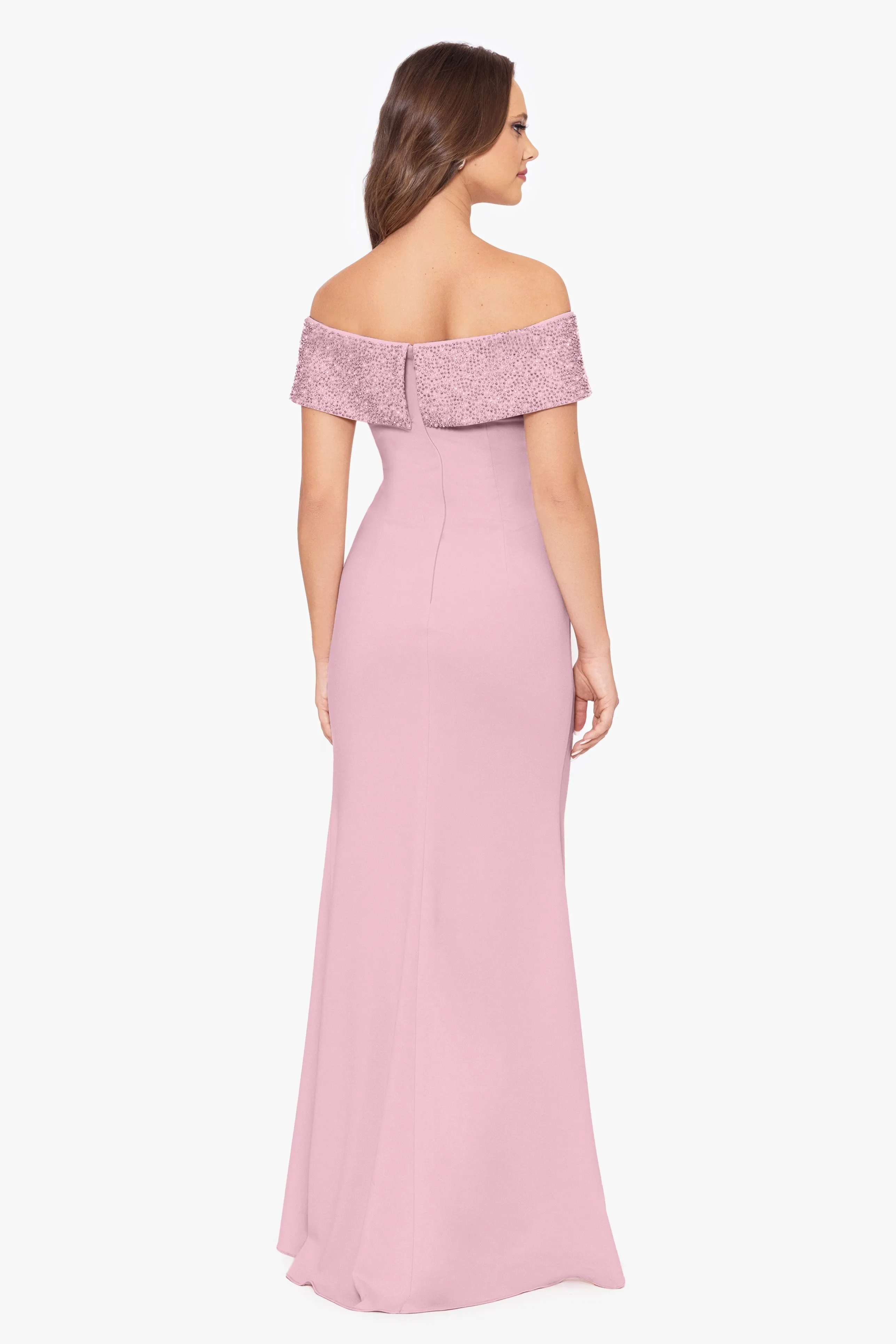 "Erica" Long Scuba Crepe Off the Shoulder Beaded Pearl Dress sold by Betsy & Adam product image thumbnail 2