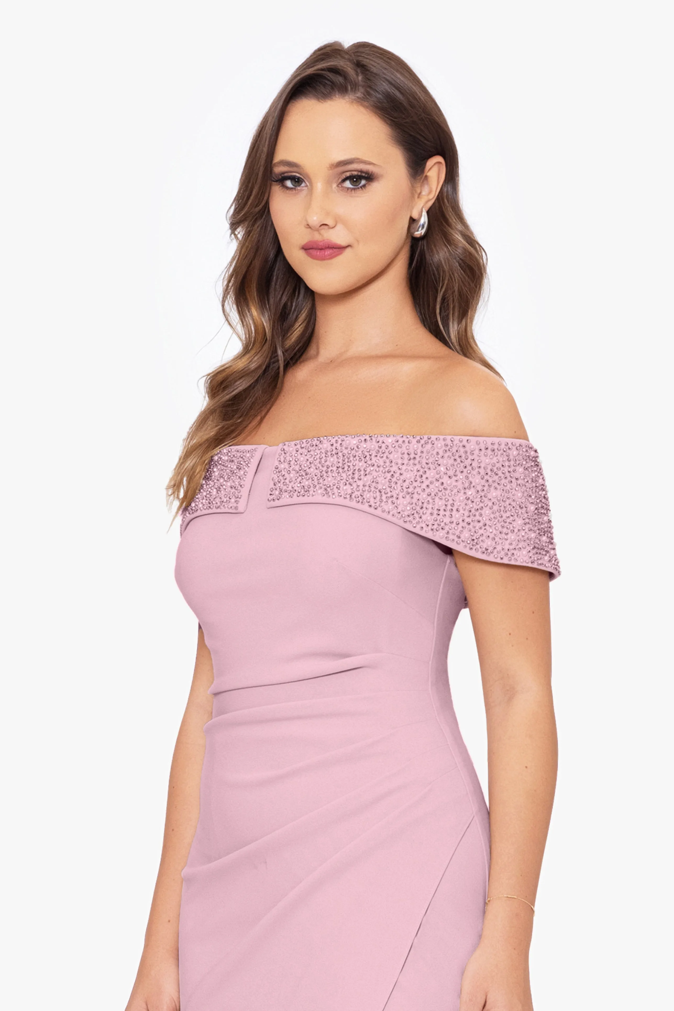 "Erica" Long Scuba Crepe Off the Shoulder Beaded Pearl Dress sold by Betsy & Adam product image thumbnail 4