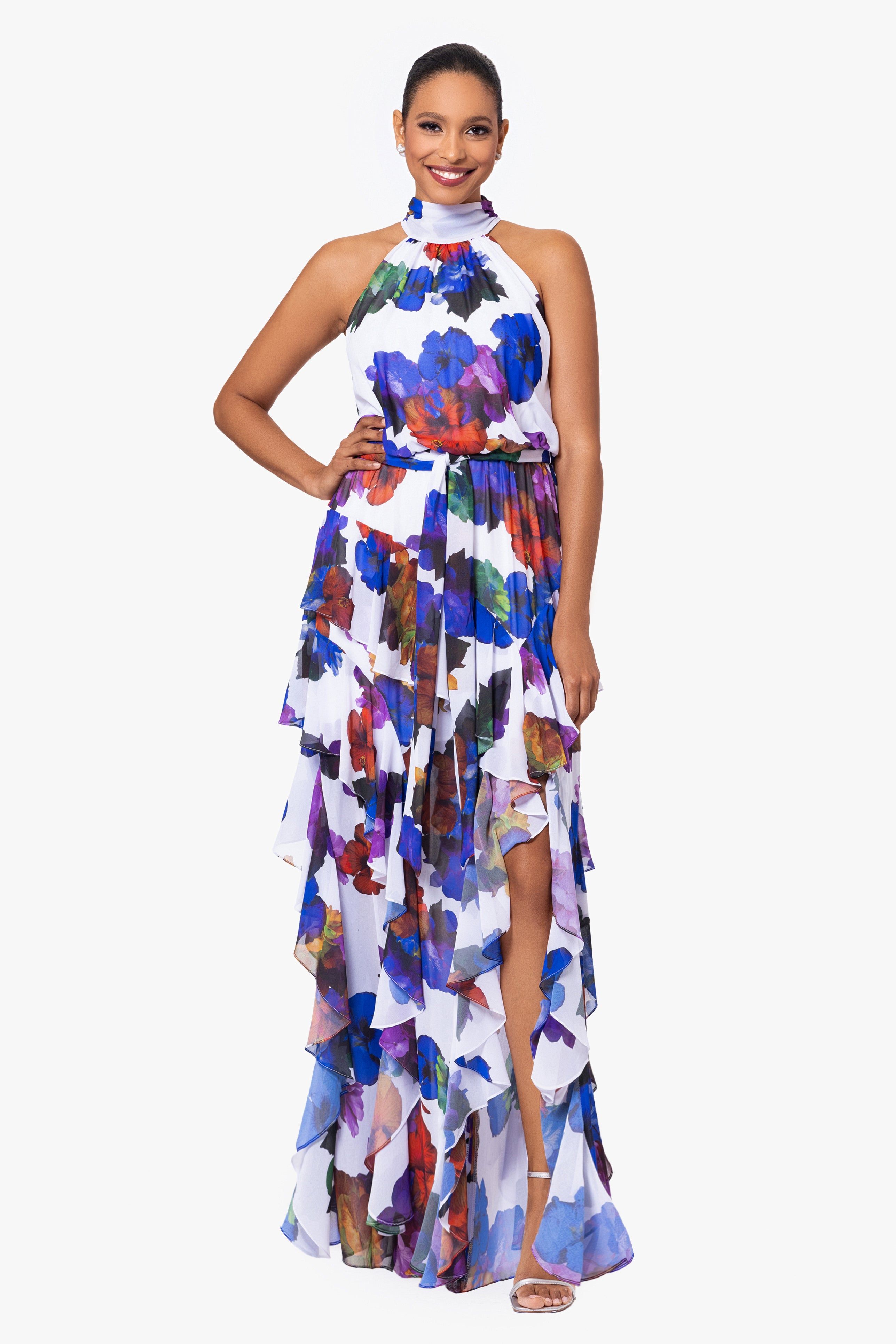 "Martha" Long High Neck Tiered Chiffon Dress sold by Betsy & Adam