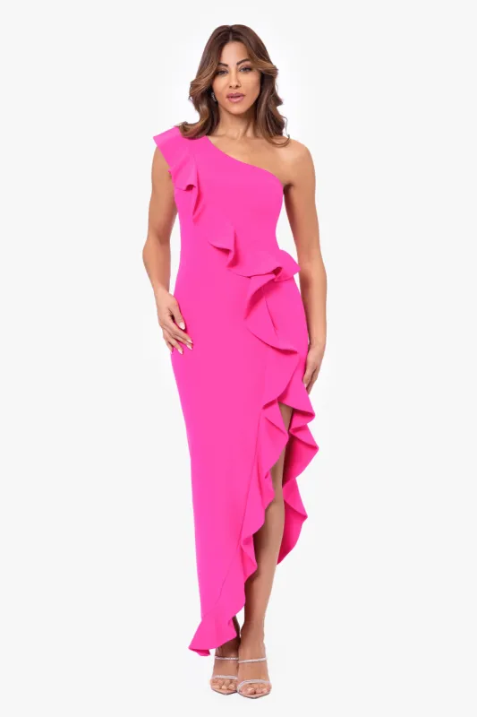 "Zola" Scuba Crepe Asymmetrical Ruffle Dress sold by Betsy & Adam