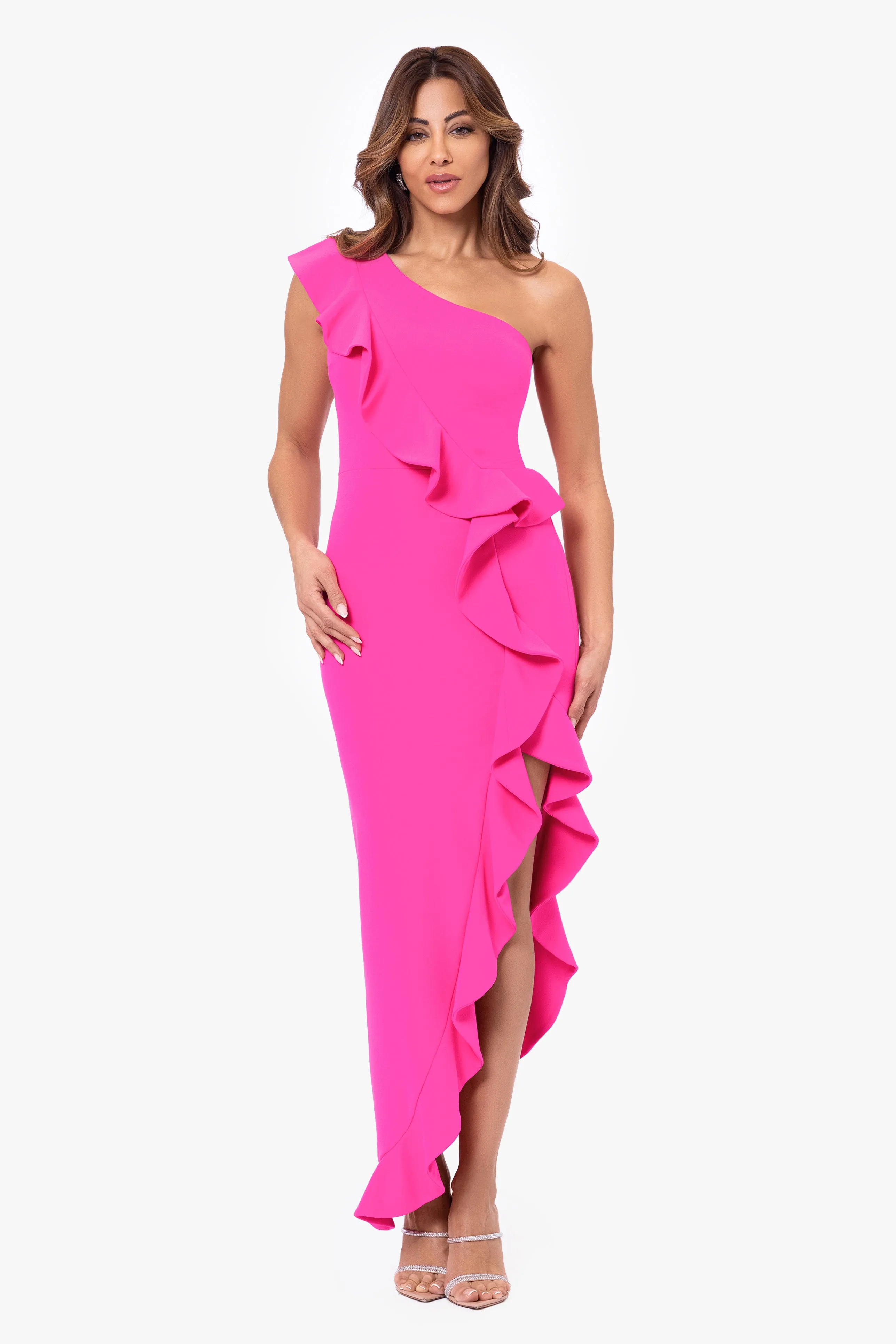 "Zola" Scuba Crepe Asymmetrical Ruffle Dress sold by Betsy & Adam