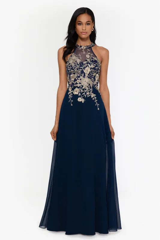 Petite "Celeste" Long Embroidered Chiffon Gown sold by Betsy & Adam