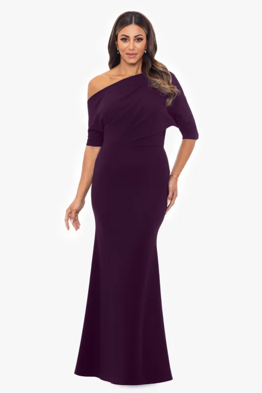 "Madeline" Long Scuba Crepe Off the Shoulder Drop Dress sold by Betsy & Adam
