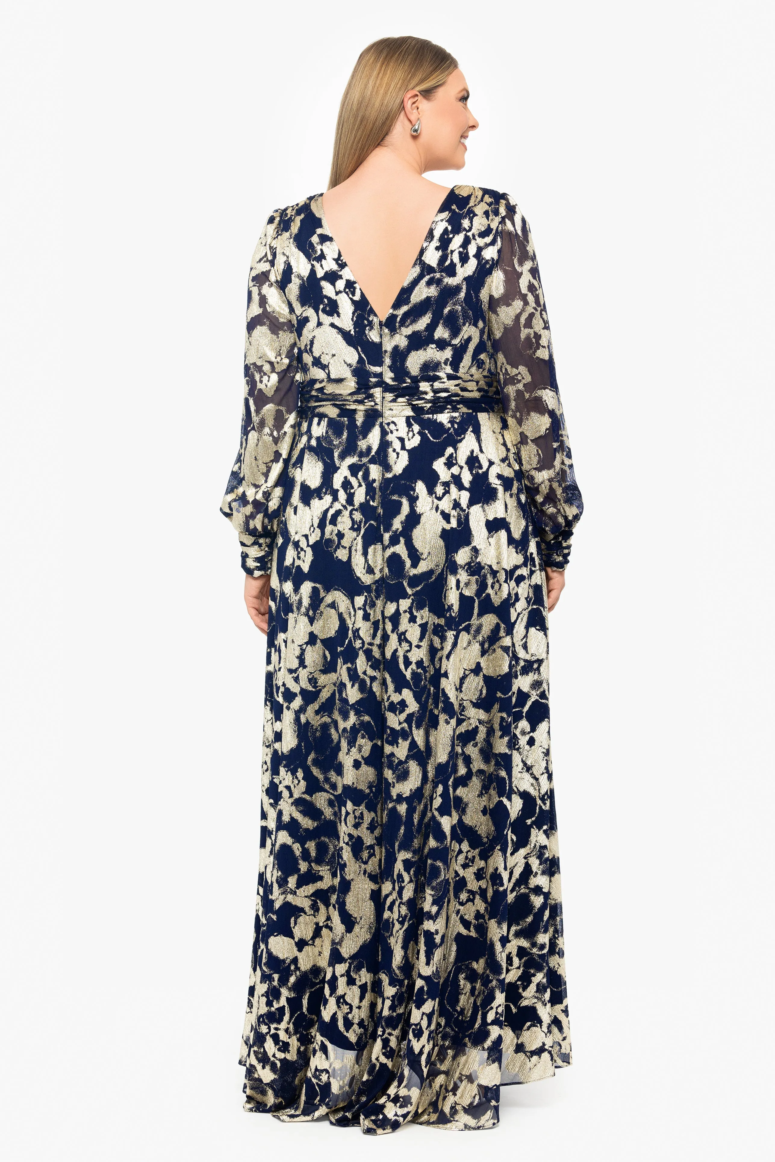 Plus "Annabelle" Metallic Foil and Long Mesh Sleeve Gown sold by Betsy & Adam product image thumbnail 2