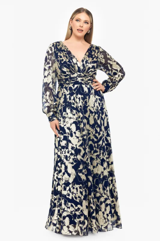 Plus "Annabelle" Metallic Foil and Long Mesh Sleeve Gown sold by Betsy & Adam