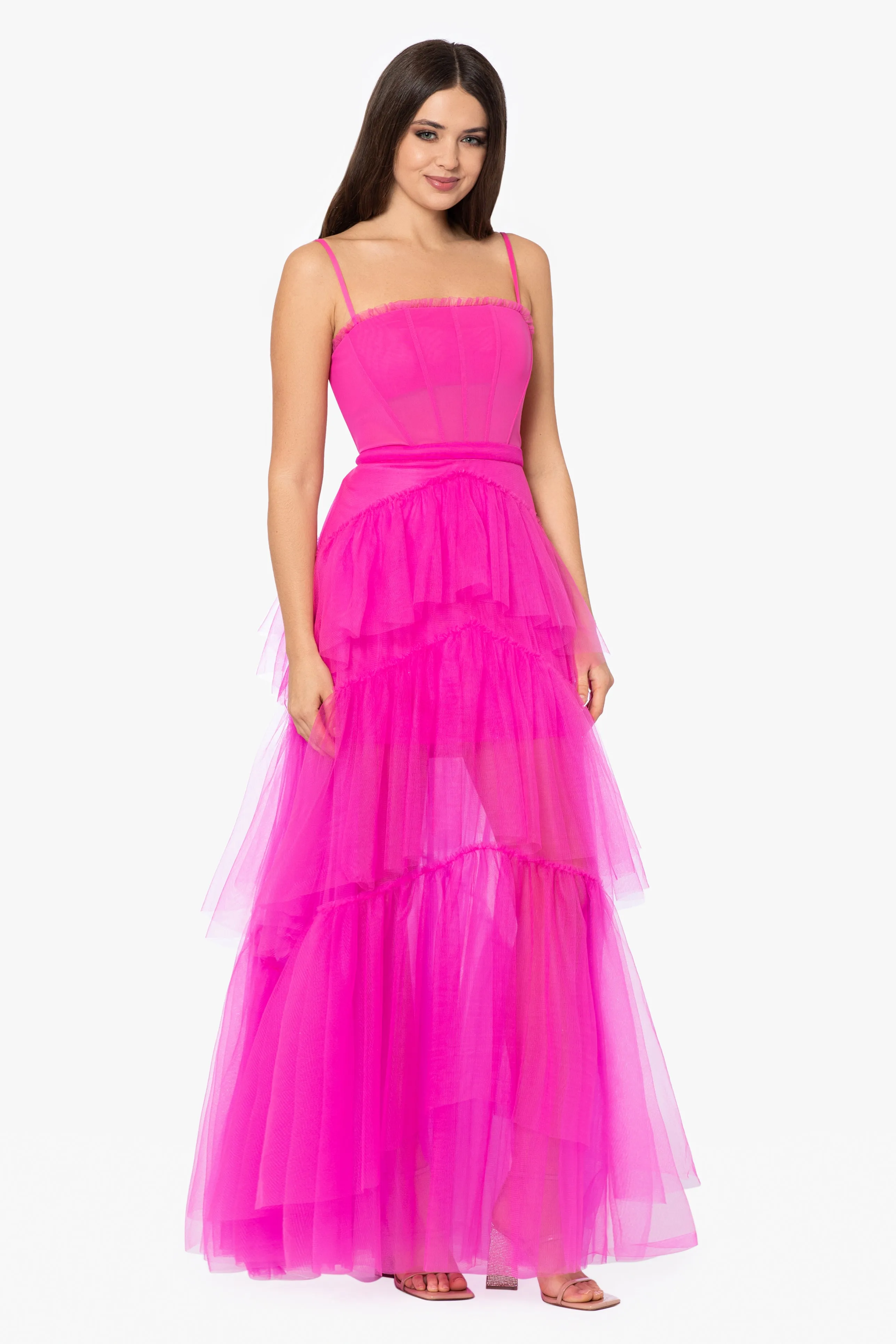 "Jasmine" Long Spaghetti Strap Mesh Corset Gown sold by Betsy & Adam product image thumbnail 4