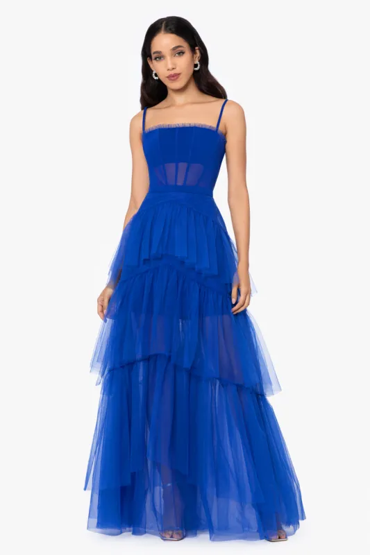 "Jasmine" Long Spaghetti Strap Mesh Corset Gown sold by Betsy & Adam