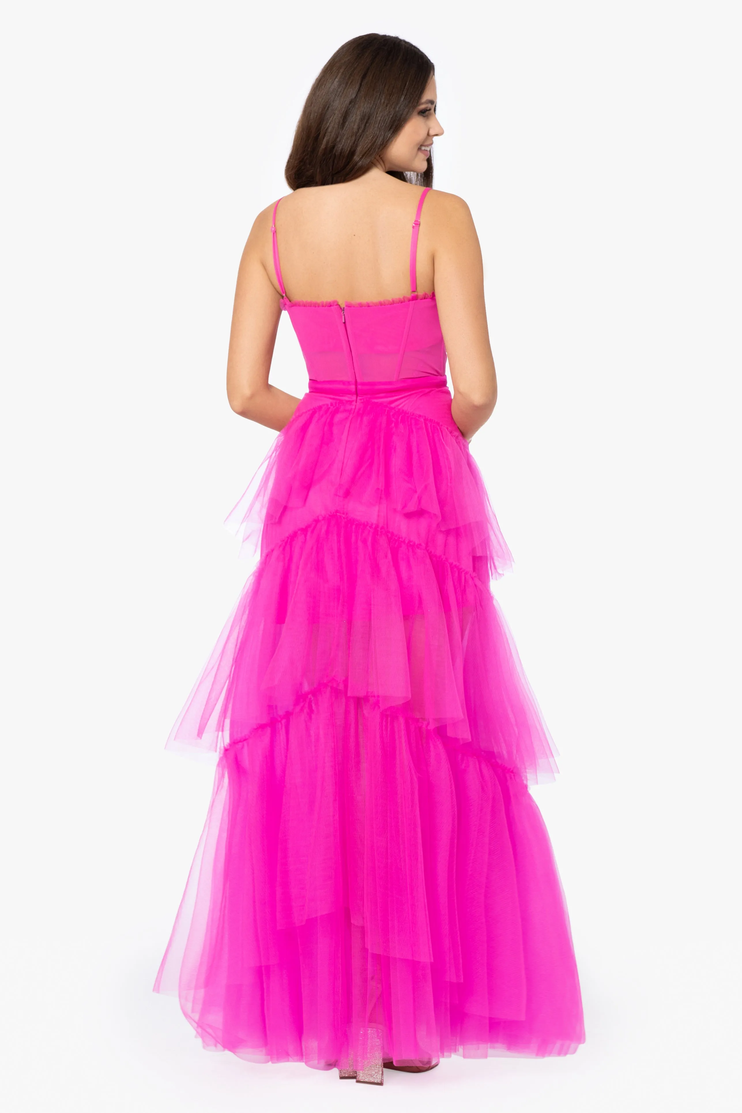 "Jasmine" Long Spaghetti Strap Mesh Corset Gown sold by Betsy & Adam product image thumbnail 5