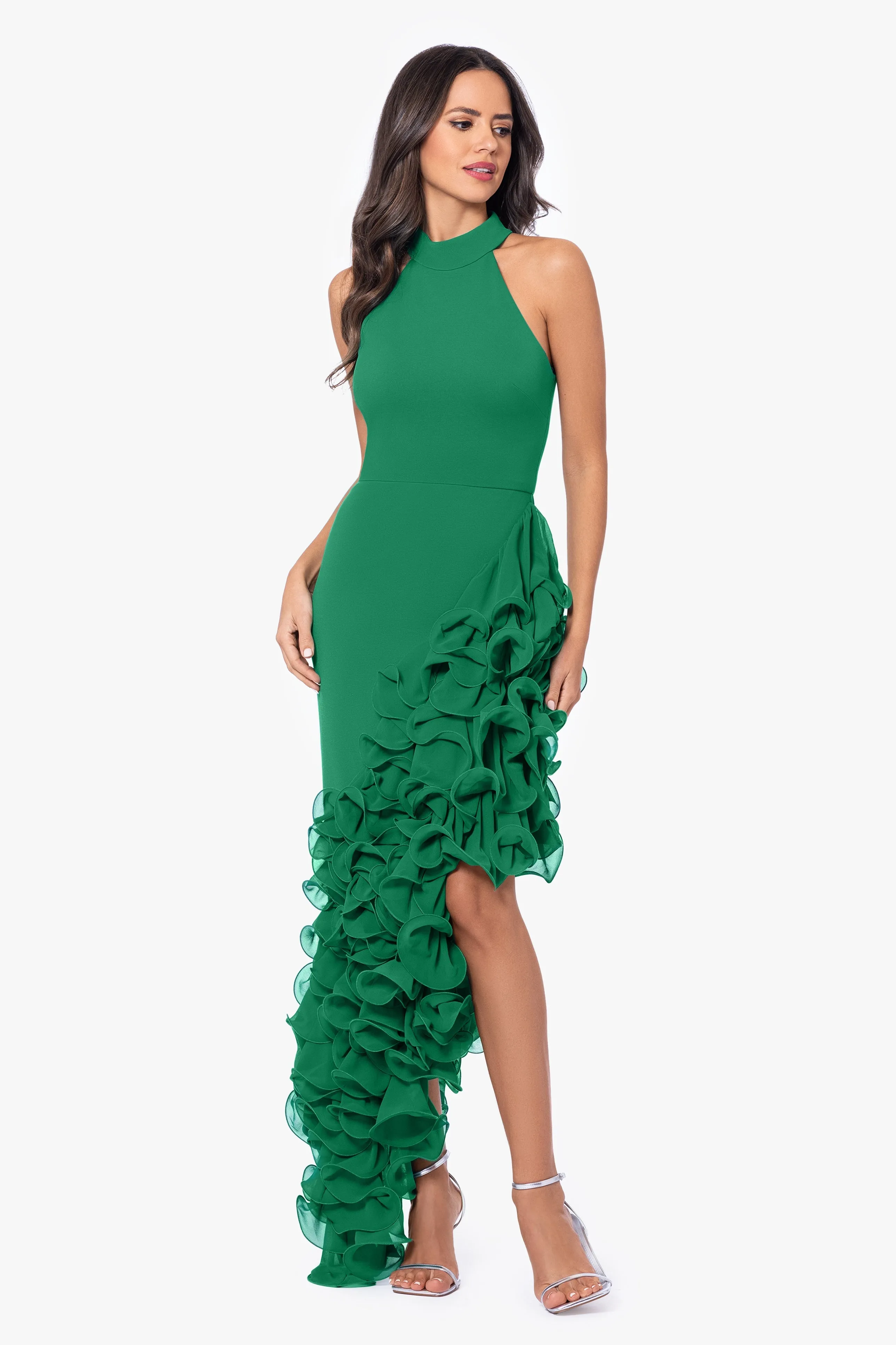 "Mona" Long Ponte Asymmetrical Ruffle Mock Neck Dress sold by Betsy & Adam product image thumbnail 3