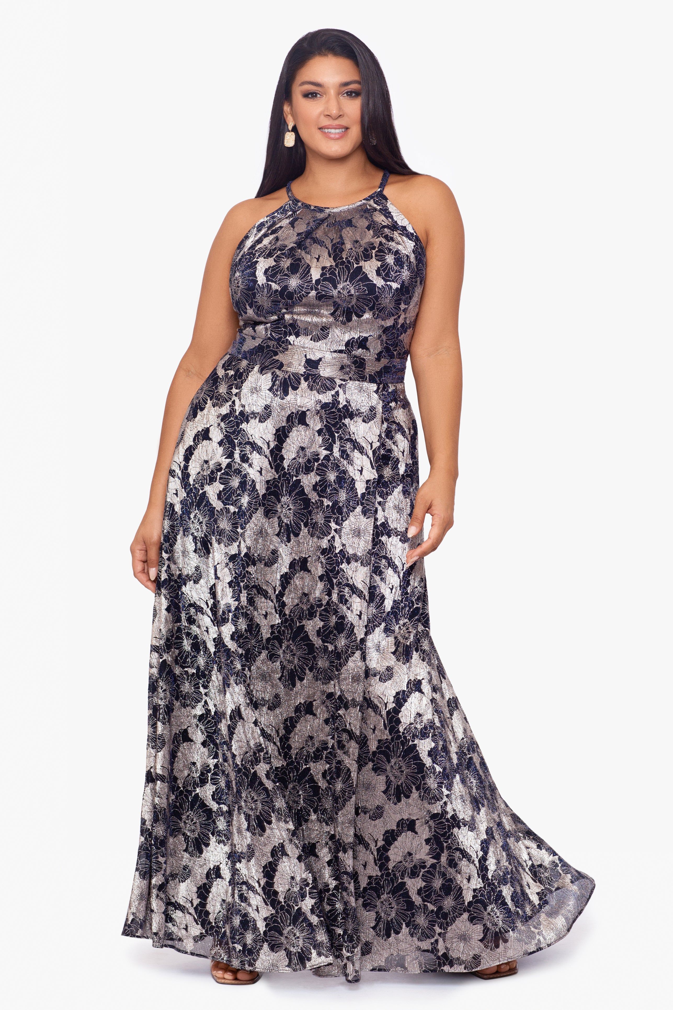 Plus "Layla" Long Halter Top Wrap Foil Print Dress sold by Betsy & Adam