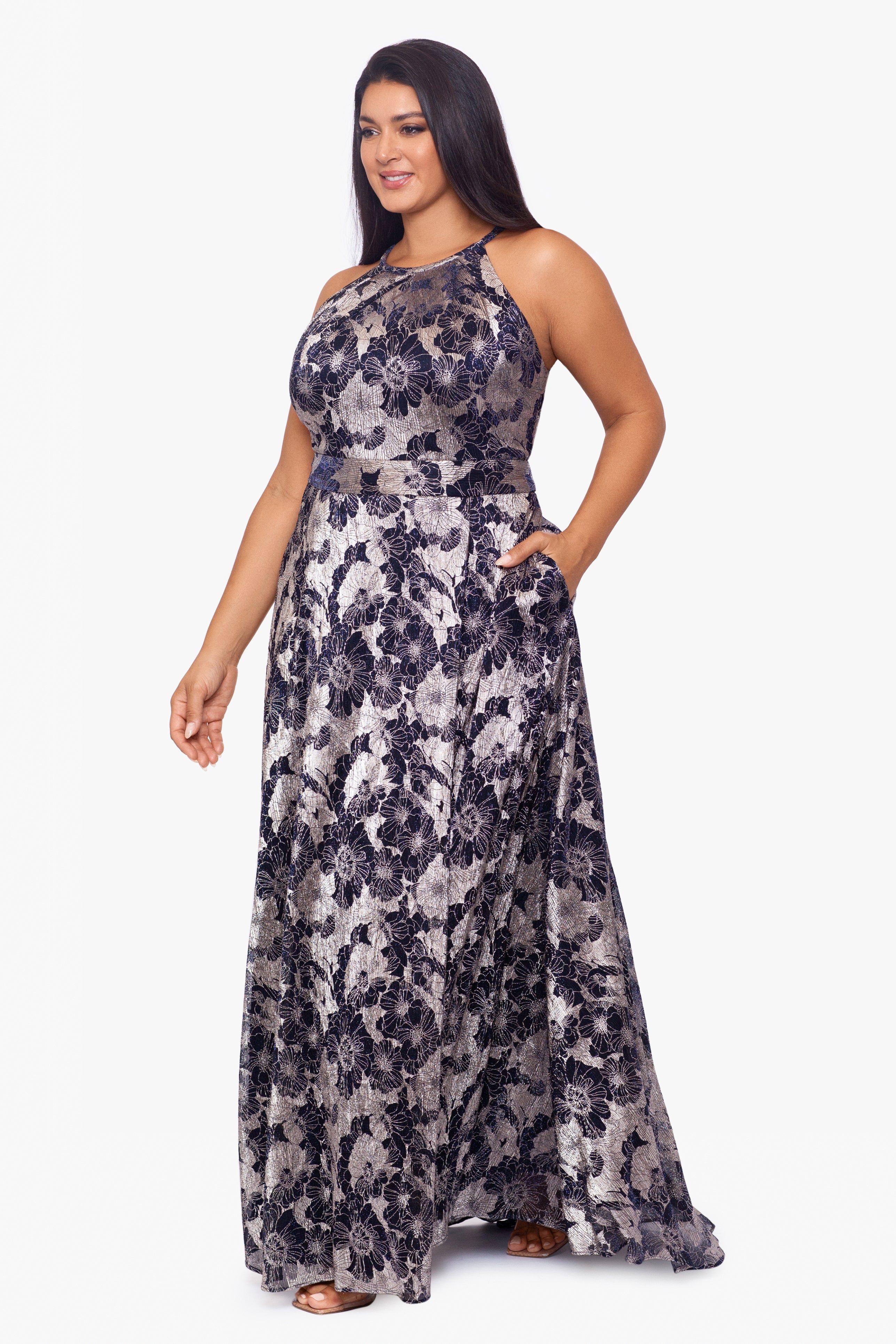 Plus "Layla" Long Halter Top Wrap Foil Print Dress sold by Betsy & Adam product image thumbnail 3
