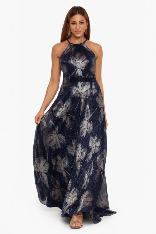 "Ilaria" Long Halter Foil Print Dress sold by Betsy & Adam