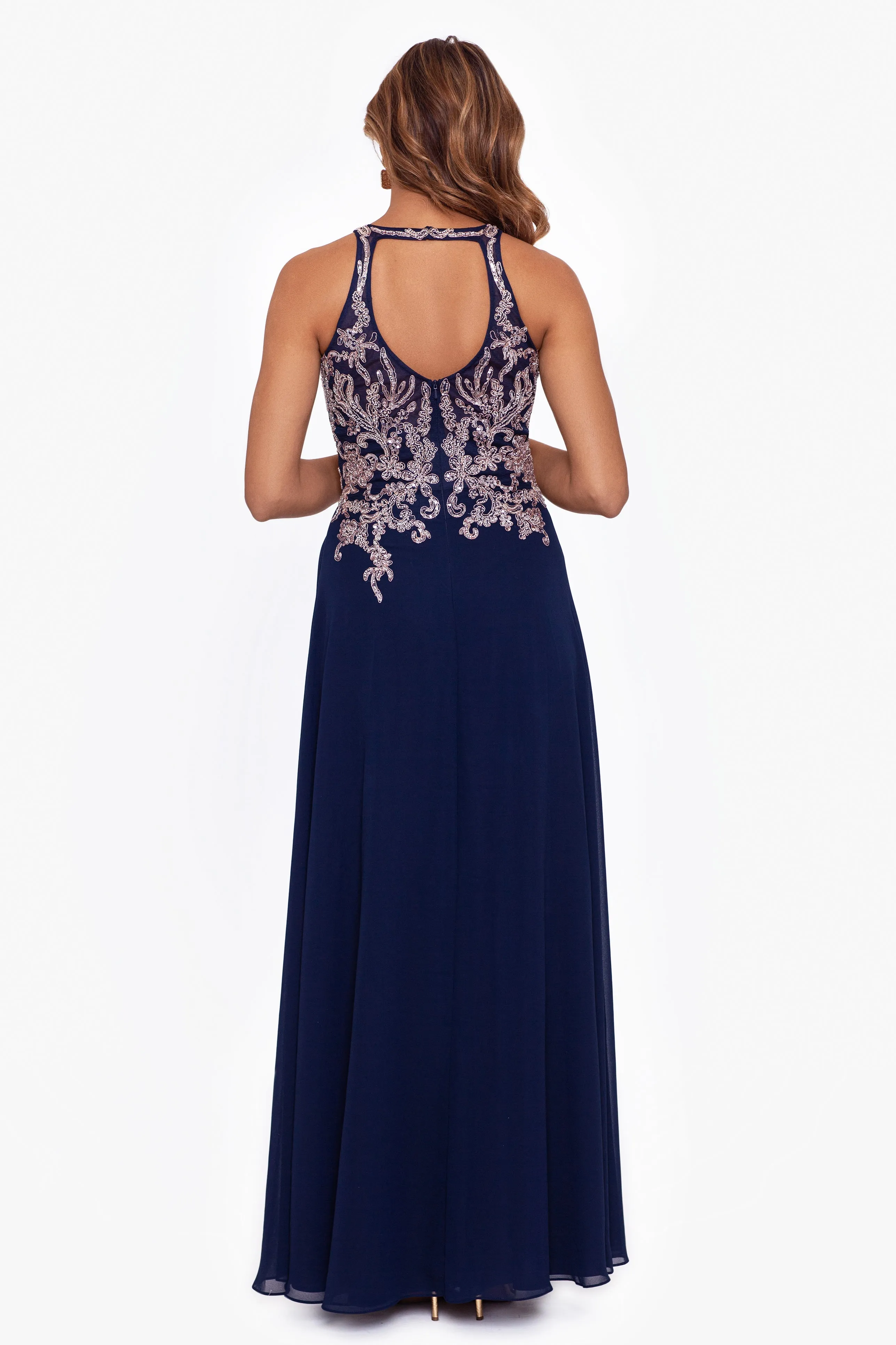 "Katie" Long Chiffon Beaded Halter Dress sold by Betsy & Adam product image thumbnail 2