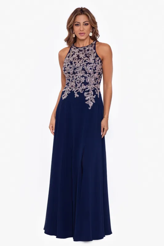 "Katie" Long Chiffon Beaded Halter Dress sold by Betsy & Adam