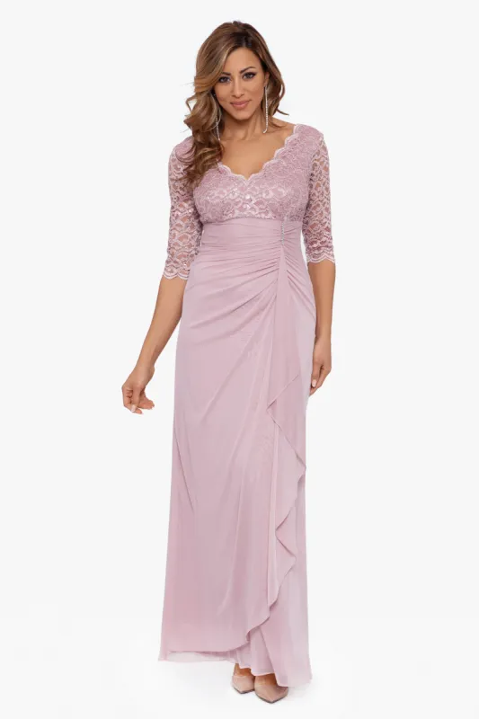 "Johanna" 3/4 Sleeve Sheer Matte Jersey Long Dress sold by Betsy & Adam