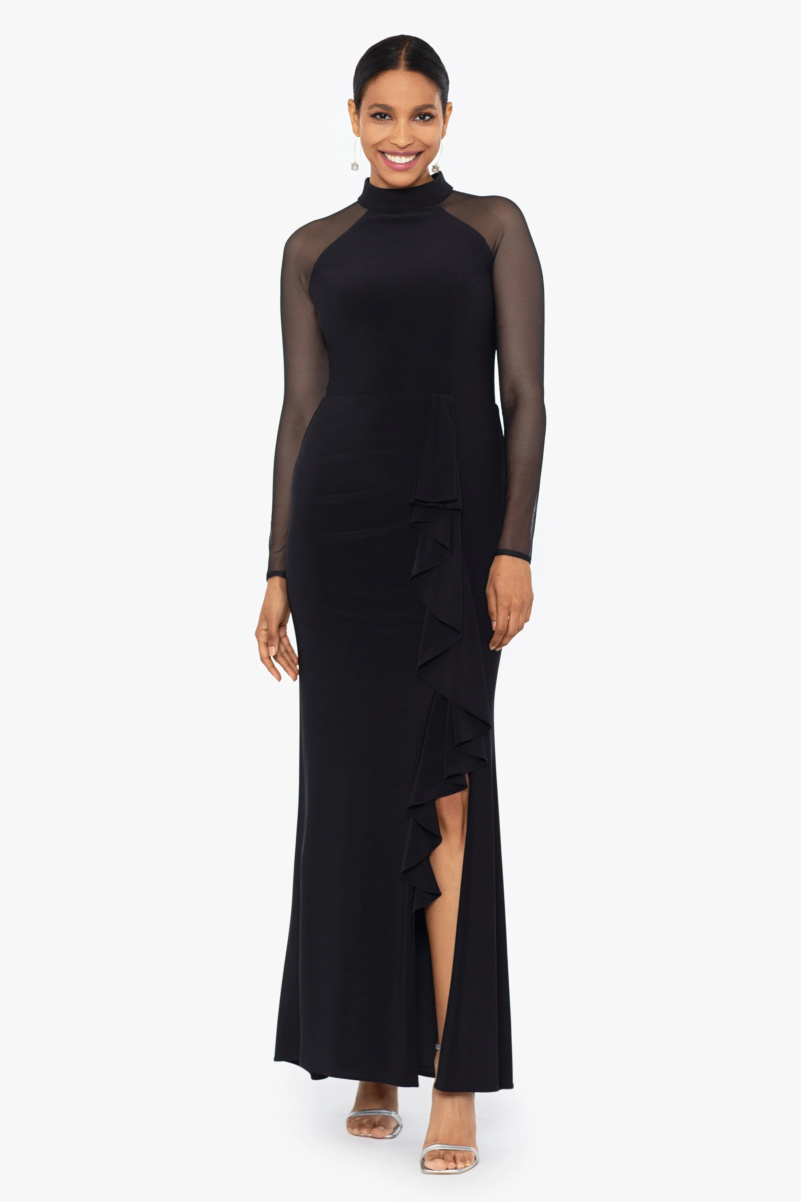 "Natalie" Long Mock Neck Mesh Sleeve Dress sold by Betsy & Adam product image thumbnail 3