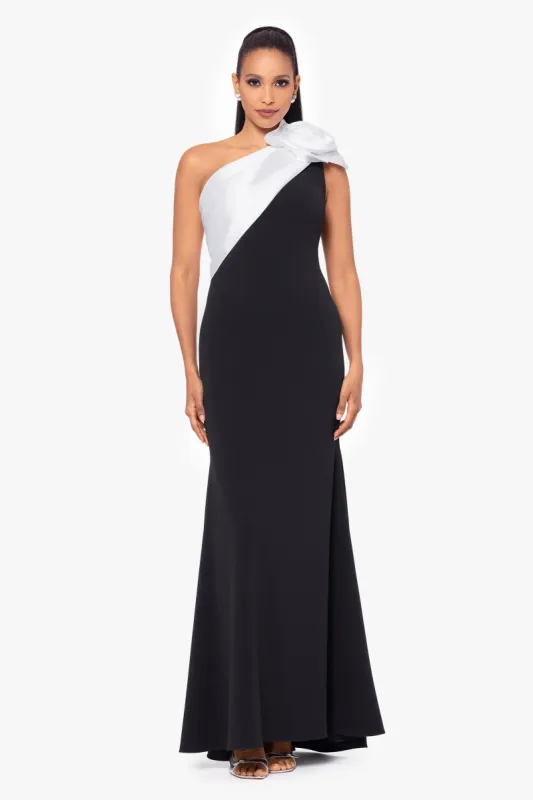"Havannah" Long One Shoulder Scuba Crepe Flower Dress sold by Betsy & Adam