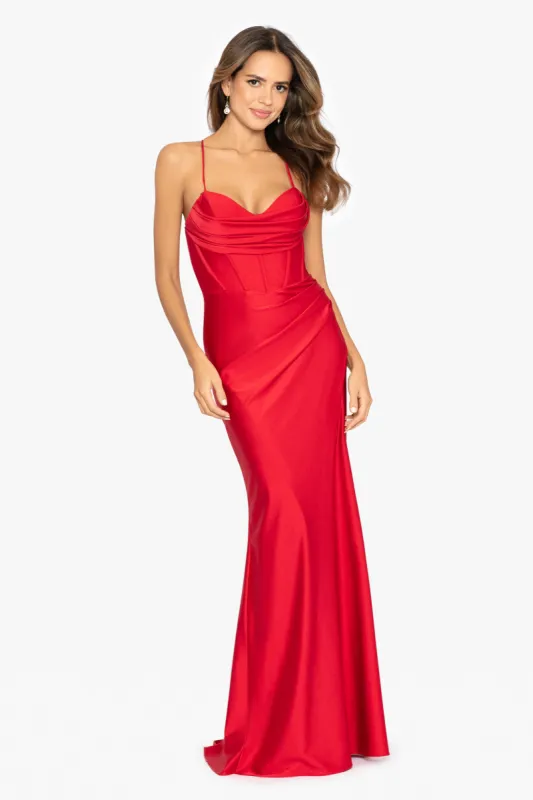 "Talia" Long Sateen Corset Lace Up Back Dress sold by Betsy & Adam