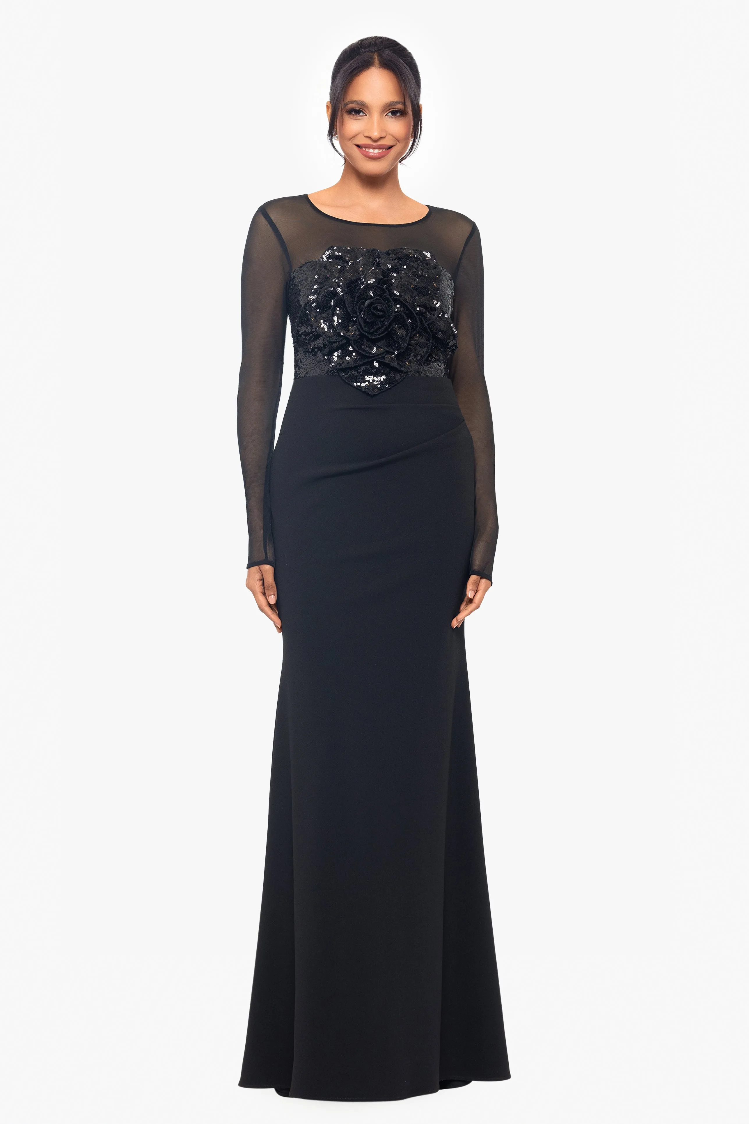 "Gabriela" Long Sleeve Mesh and Sequin Top and Floor Length Scuba Crepe Skirt Dress sold by Betsy & Adam