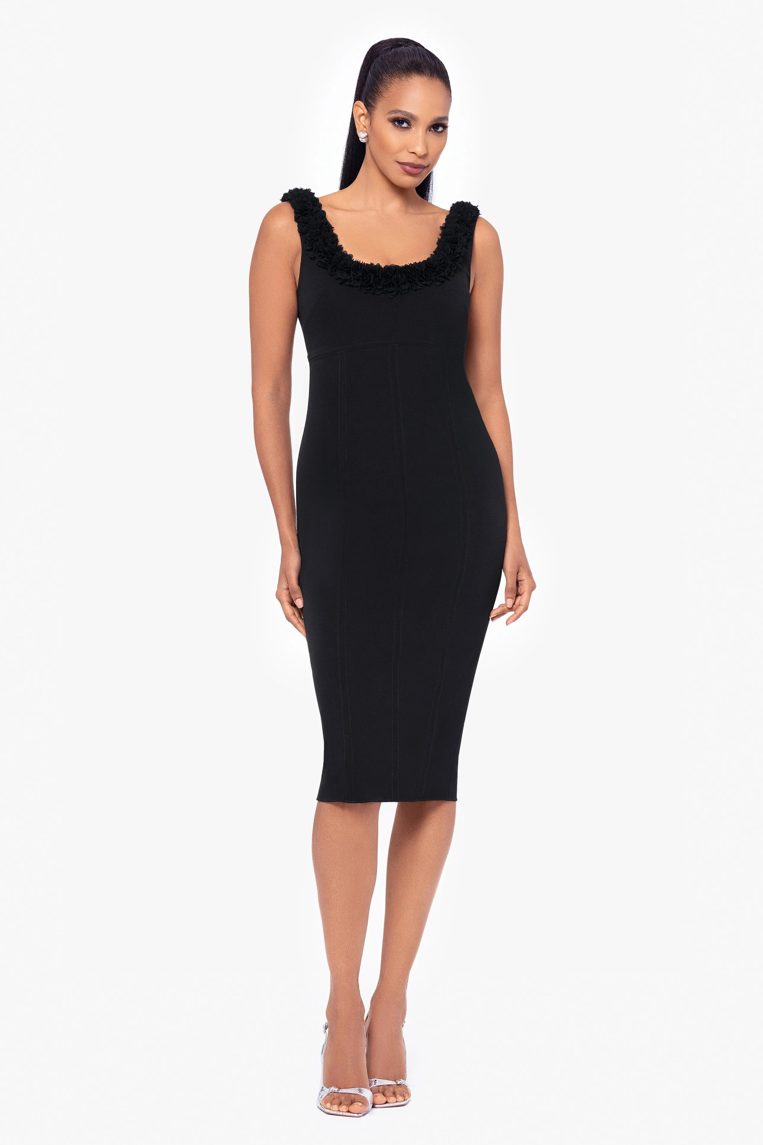 "Destiney" Knee Length Stretch Twill Ruffle Neckline Dress sold by Betsy & Adam