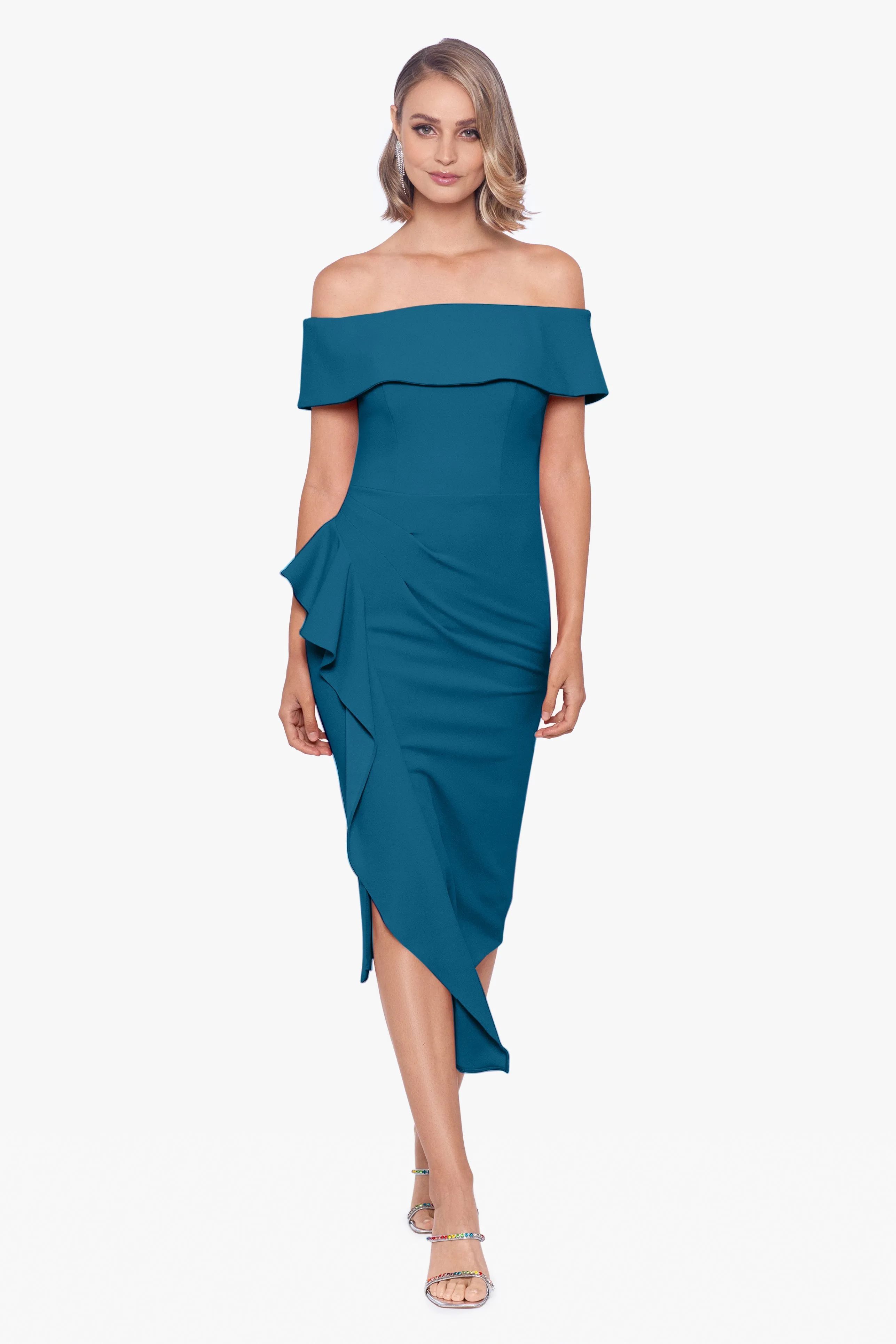 "Maya" Midi Scuba Crepe Off the Shoulder Cuff Side Ruching Dress sold by Betsy & Adam