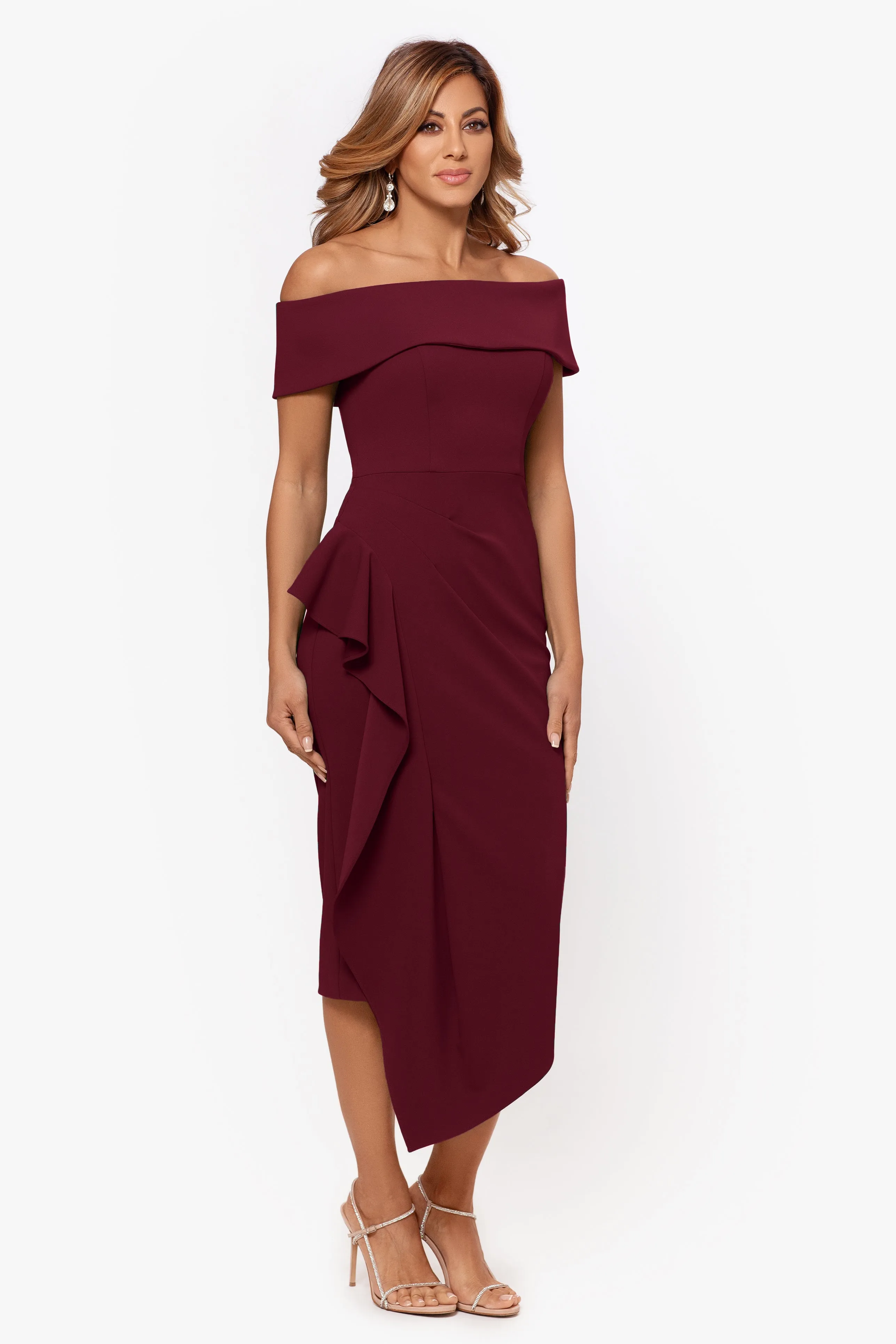 "Maya" Midi Scuba Crepe Off the Shoulder Cuff Side Ruching Dress sold by Betsy & Adam product image thumbnail 5
