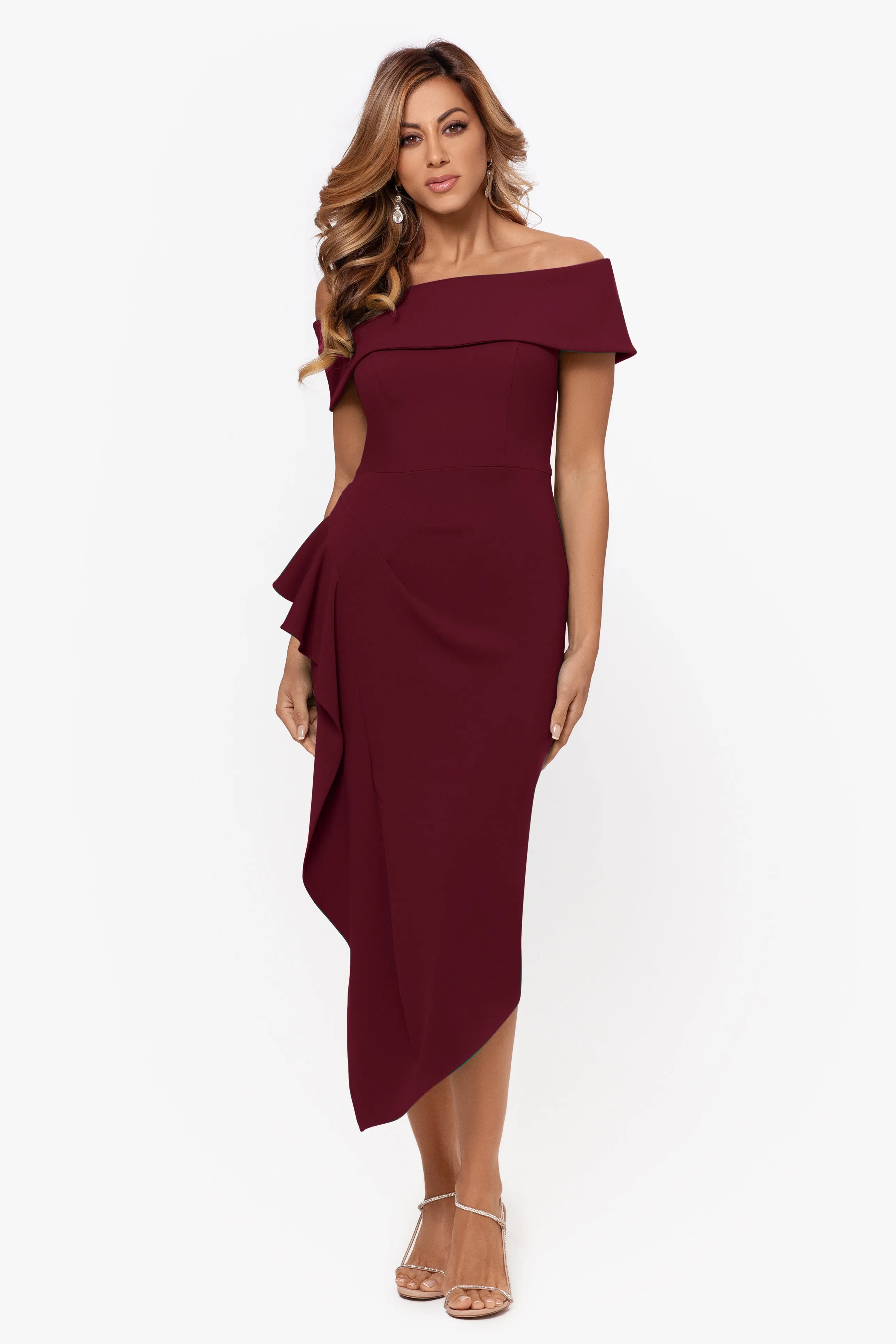 "Maya" Midi Scuba Crepe Off the Shoulder Cuff Side Ruching Dress sold by Betsy & Adam