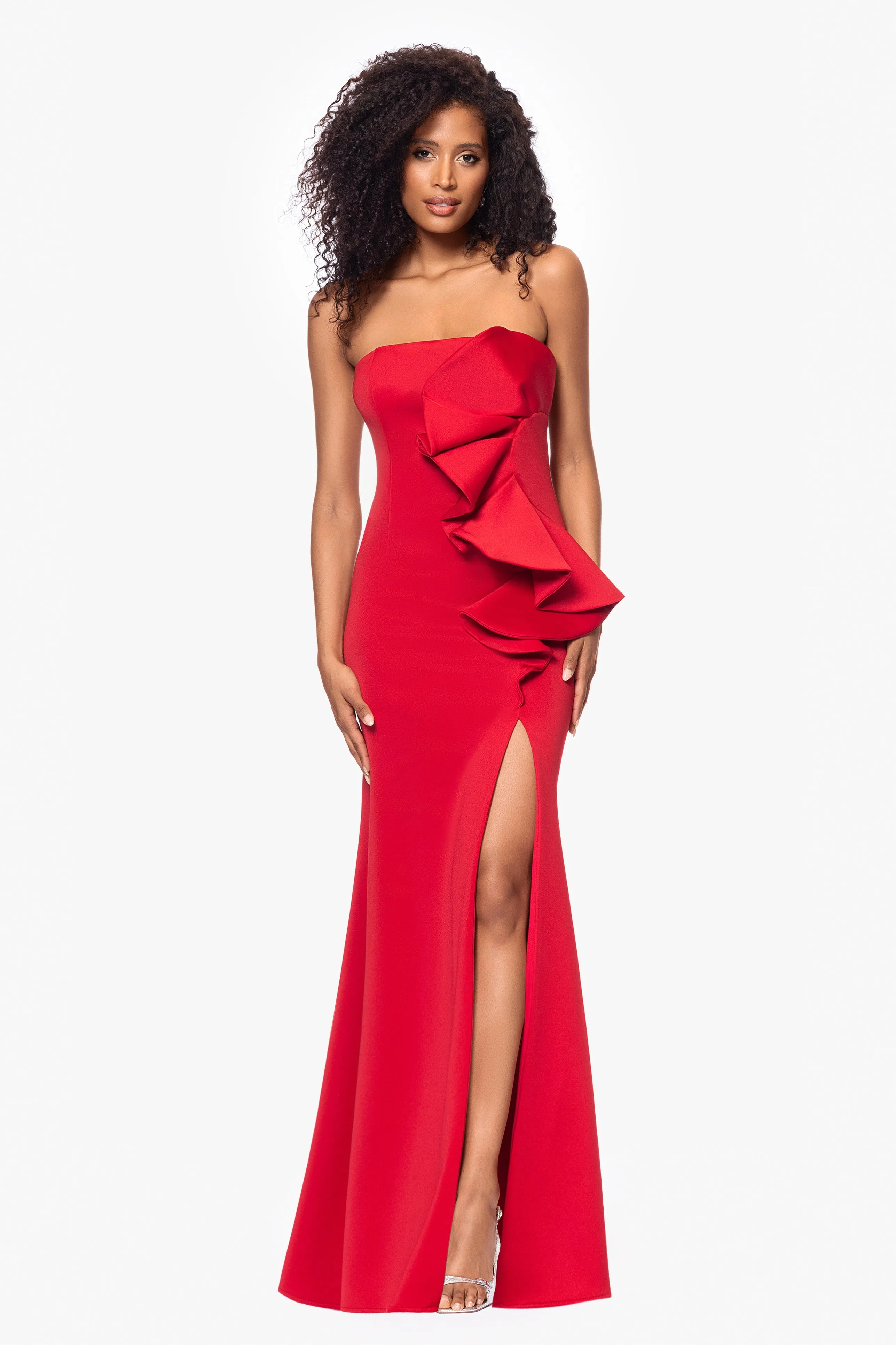 "Fiona" Long Strapless Scuba Ruffle Dress sold by Betsy & Adam