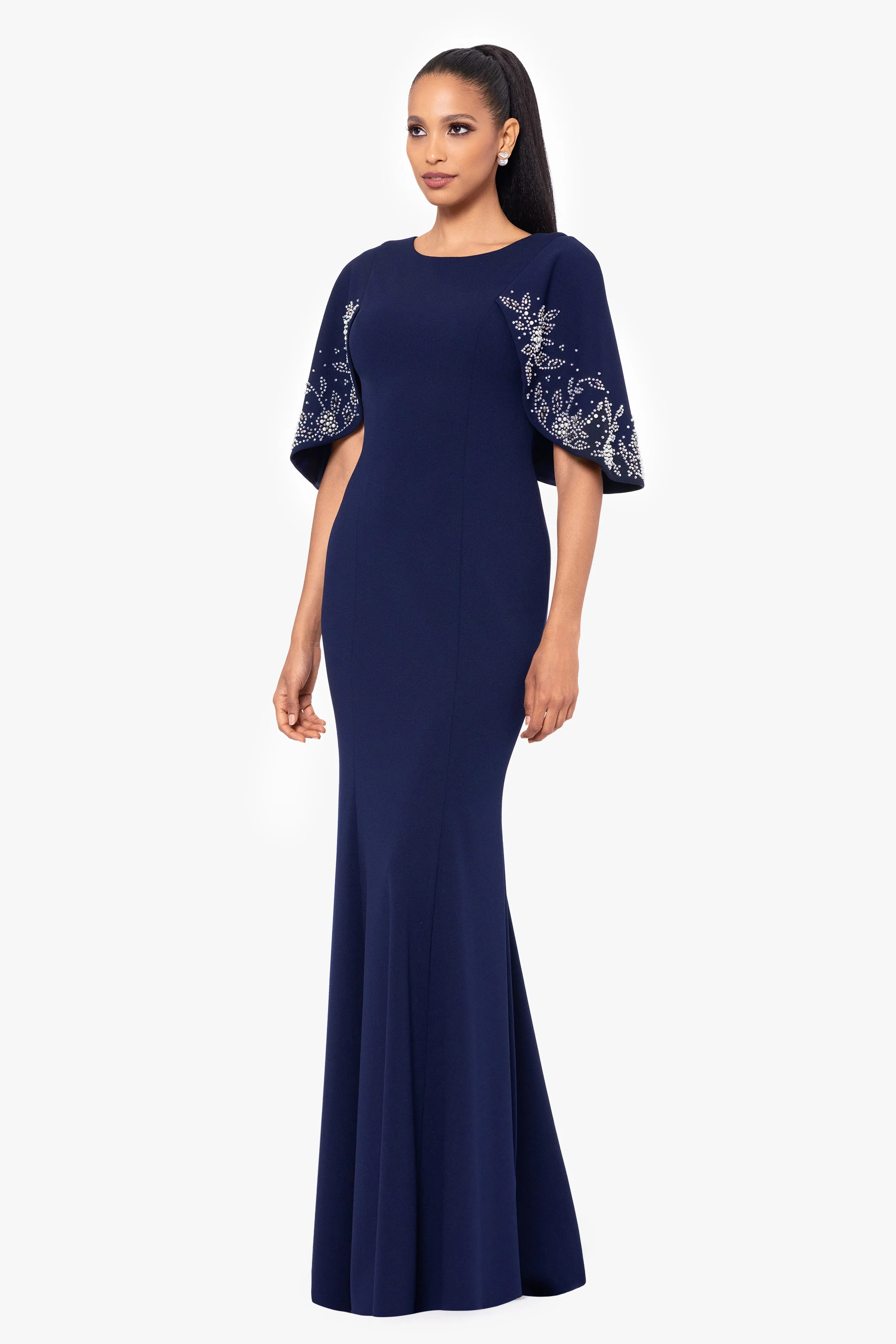 "Doris" Long Scuba Crepe Embellished Beaded Cape Dress sold by Betsy & Adam product image thumbnail 3