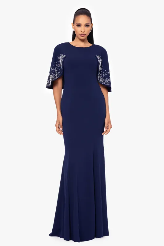 "Doris" Long Scuba Crepe Embellished Beaded Cape Dress sold by Betsy & Adam