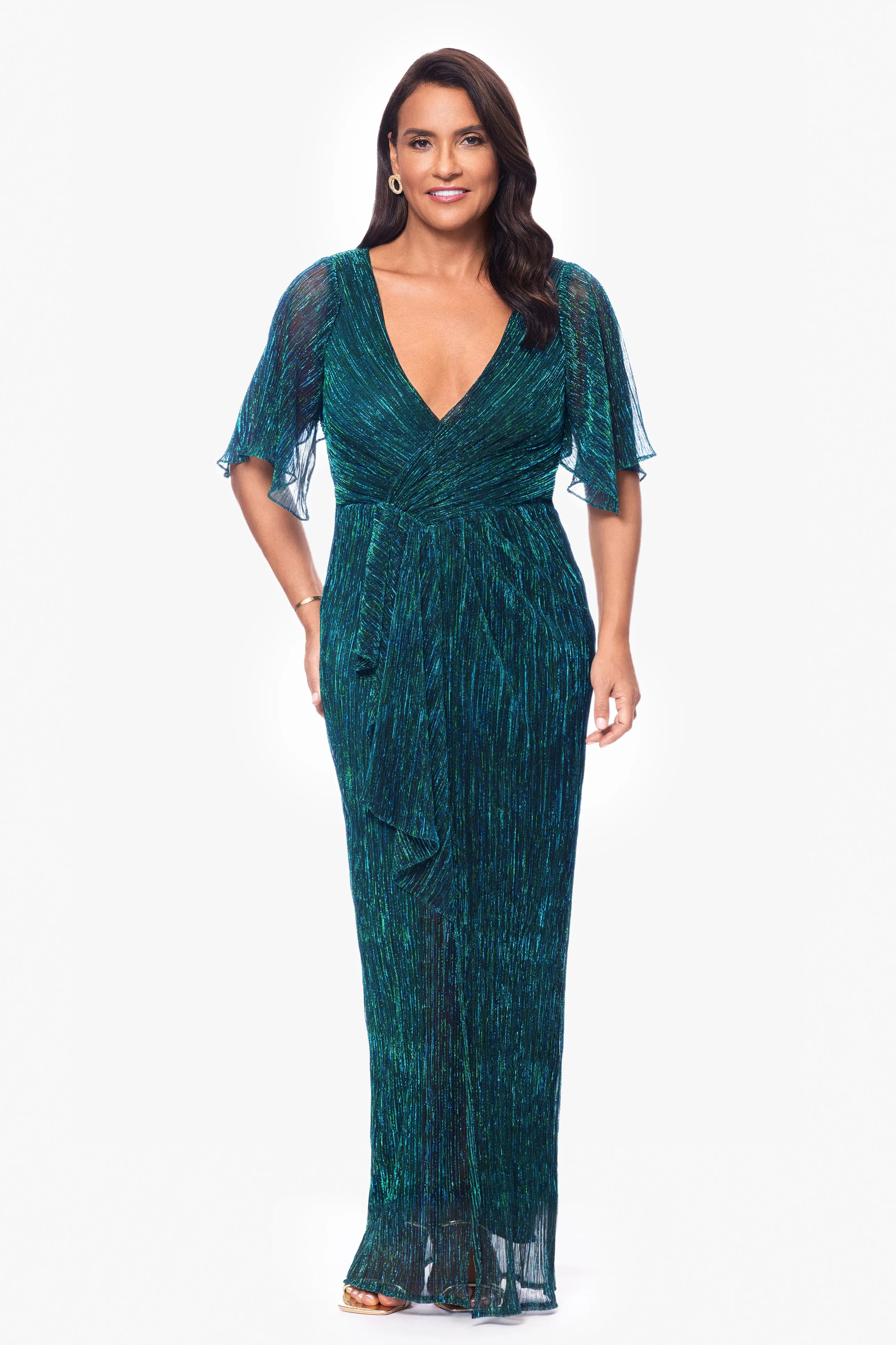 "Sonny" Long Metallic Knit V-Neck Ruffle Dress sold by Betsy & Adam
