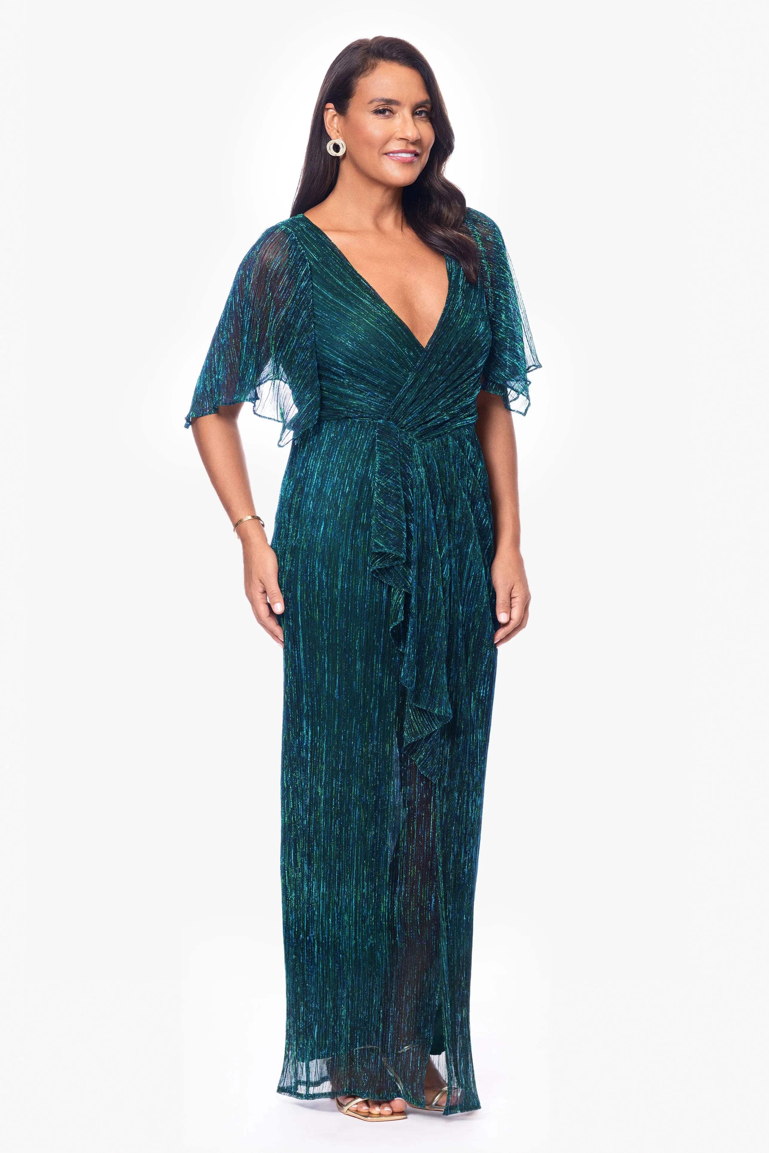 "Sonny" Long Metallic Knit V-Neck Ruffle Dress sold by Betsy & Adam product image thumbnail 3