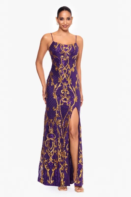 "Zari" Long Sequin Placement Spaghetti Strap Dress sold by Betsy & Adam